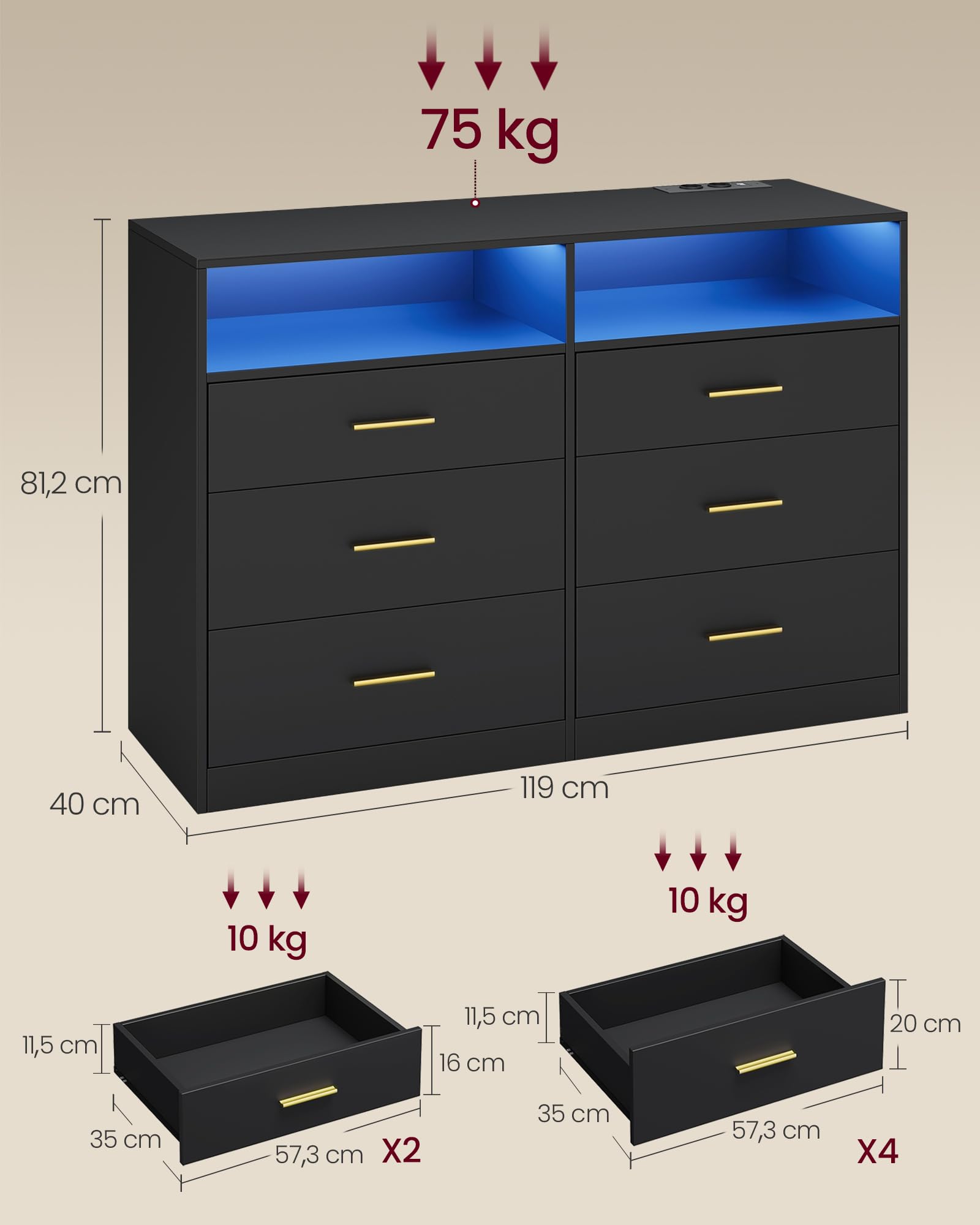 VASAGLE Custos Collection - Commode avec Éclairage LED et Multiprise Intégrée, Armoire de Rangement Moderne, pour Salon, Chambre, 6 Tiroirs, 40 x 119 x 81,2 cm, Noir d'encre LTS316BC01