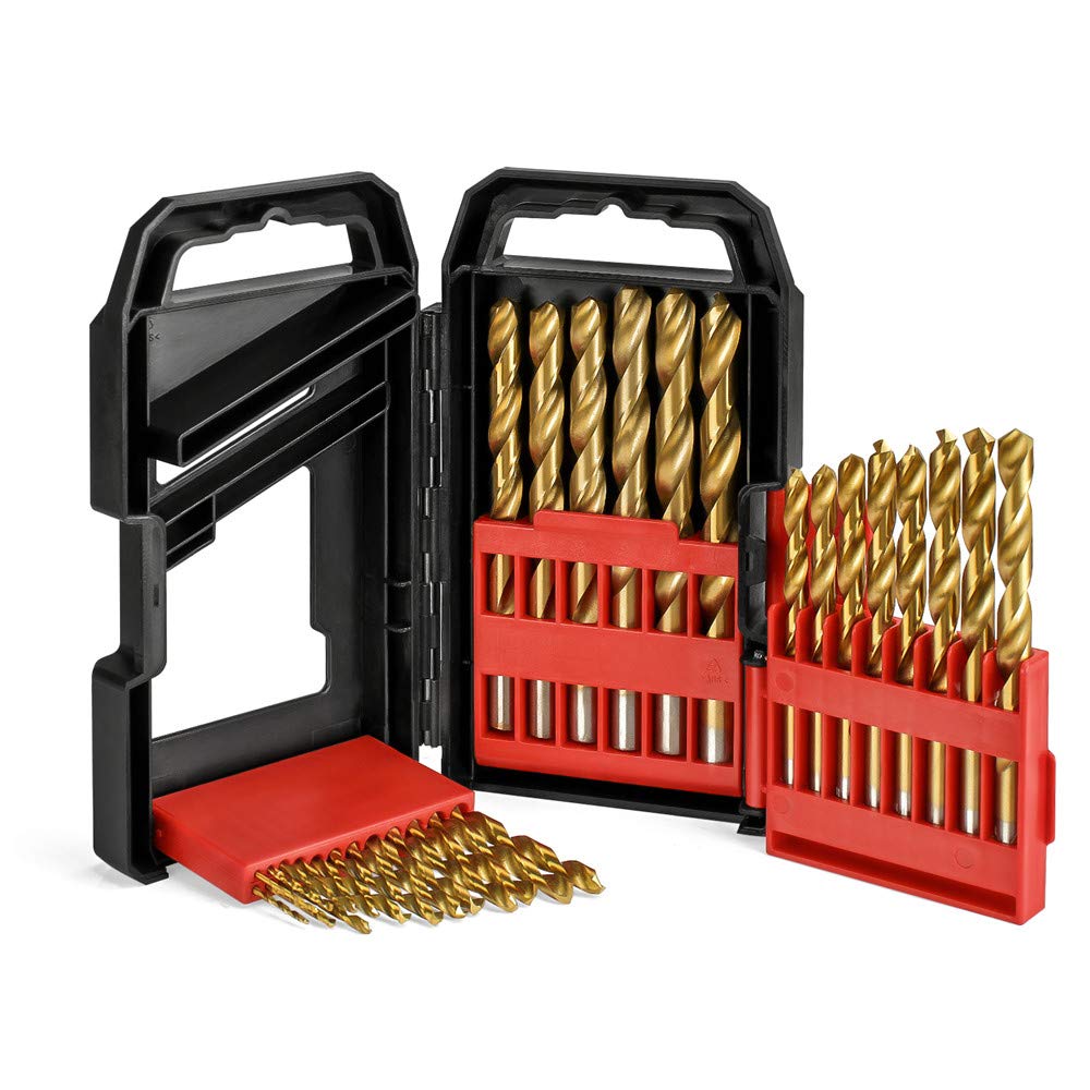 29 piezas 1/16 a 1/2 pulgadas juego de brocas helicoidales HSS recubiertas de titanio con caja de plástico para madera plástico aluminio cobre