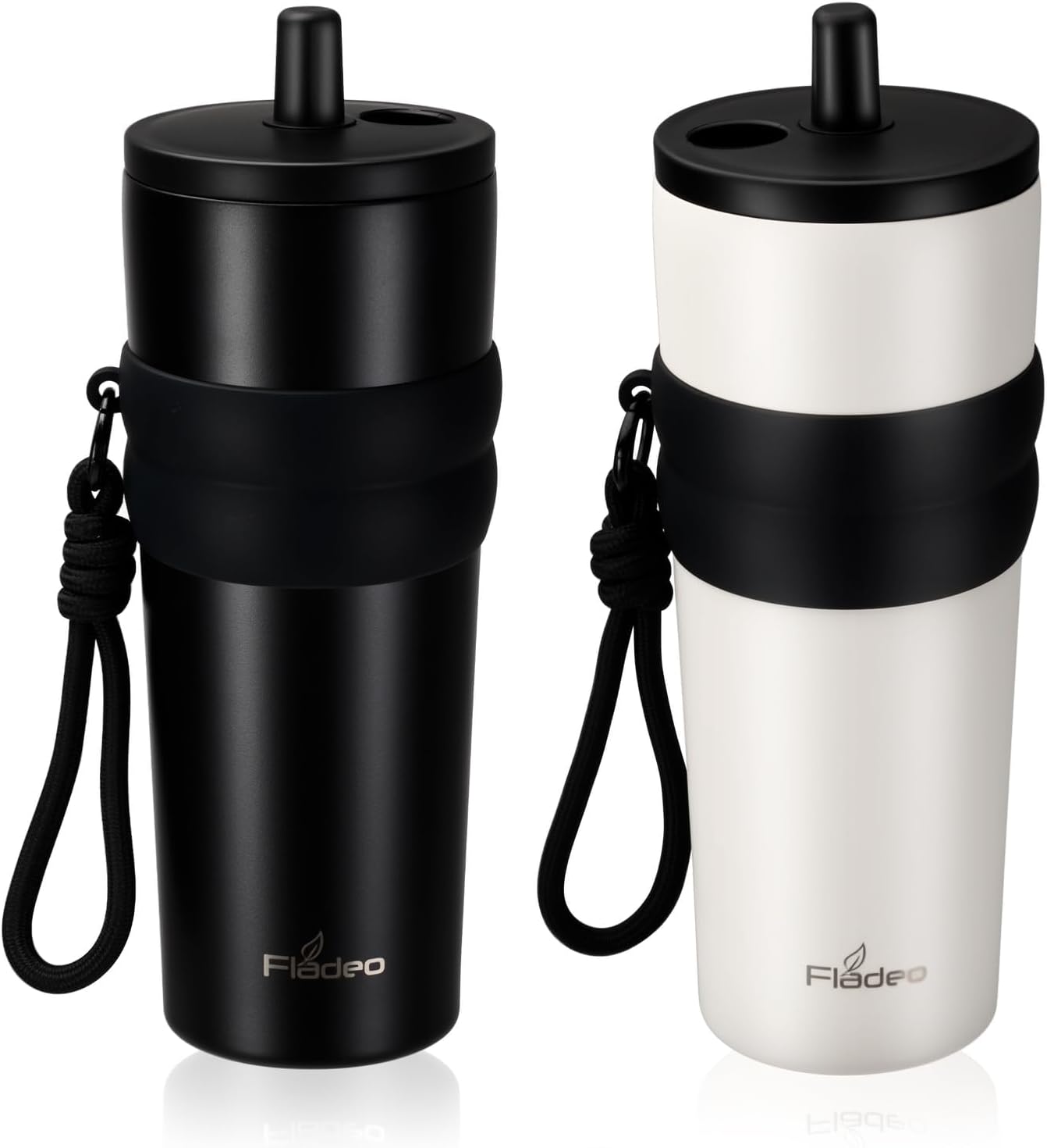 24oz Twin-Pack Insulated Coffee Mugs with Straw | Double-Wall Vacuum Stainless Steel Travel Tumbler Cups, Leak-Proof Lid for Hot & Cold Beverages, Coffee, Tea & Sports Drinks (Black & White, 2-Pack)