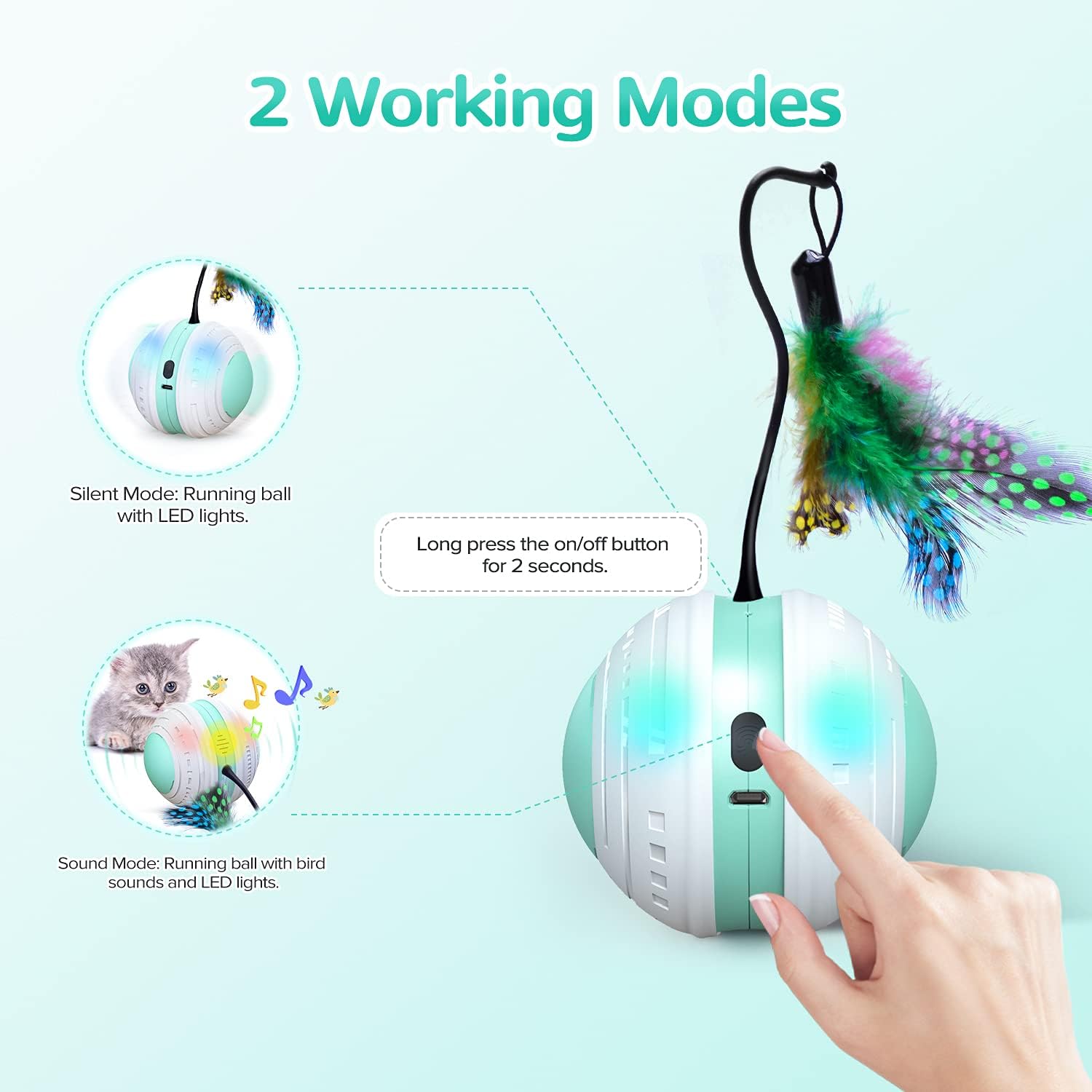 BraveKoi Interactive Cat Ball Toys for Indoor Cats, Cat Toys Balls with Feathers, Bird Sounds & LED Lights, Automatic Irregular 360°Self Rotating Ball for Cat/Kitty/Kittens/Dog/Pets : Pet Supplies