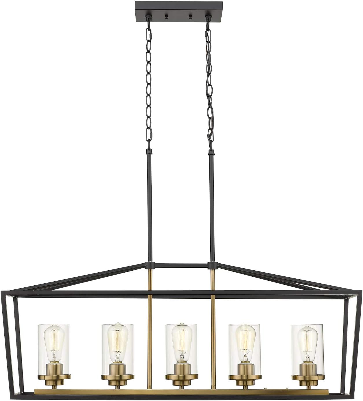 Emliviar Modern 5-Light Kitchen Island Pendant Light Fixture, Linear Pendant Lighting, Black and Gold Finish with Clear Glass Shade, P3033-5LP