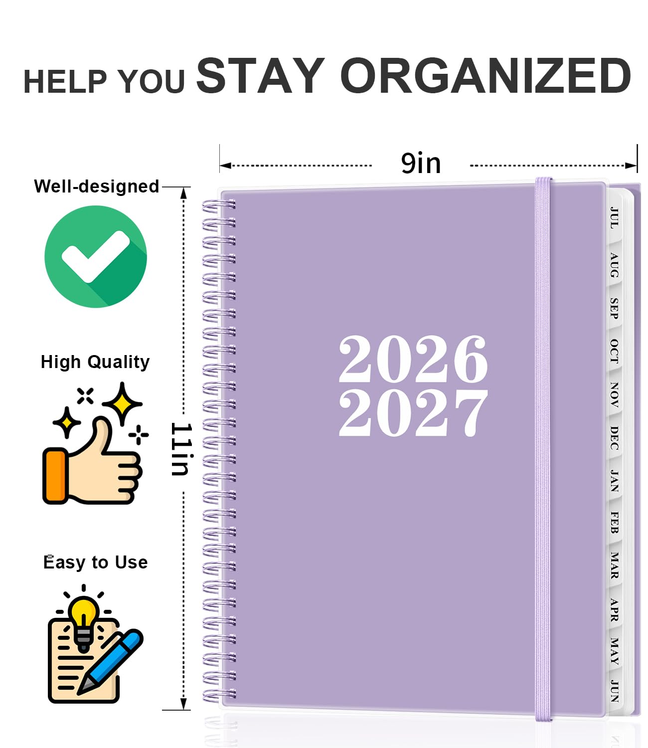 Planer na lata 2026-2027, planer akademicki, lipiec 2026-czerwiec 2027, planery tygodniowe i miesięczne z zakładkami na 12 miesięcy, kieszeń wewnętrzna, 21,6 x 27,9 cm, fioletowy