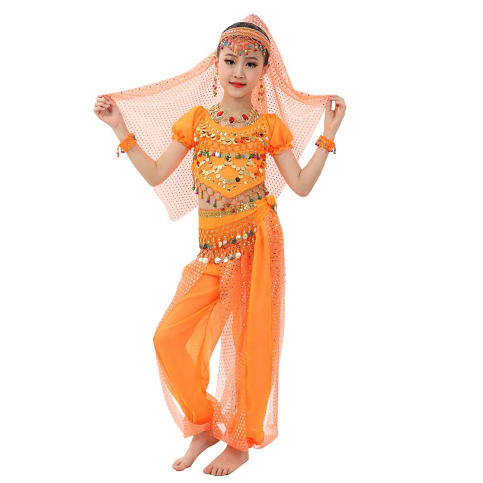 Children's Girls Belly Dance Costumes Kids Belly Dancing Cloth Kids Indian Cute Dance Costume Children's Day Sequin Outfits Girls Latin Dance Costumes Suitable for Stage (Orange, 9-10 Years)