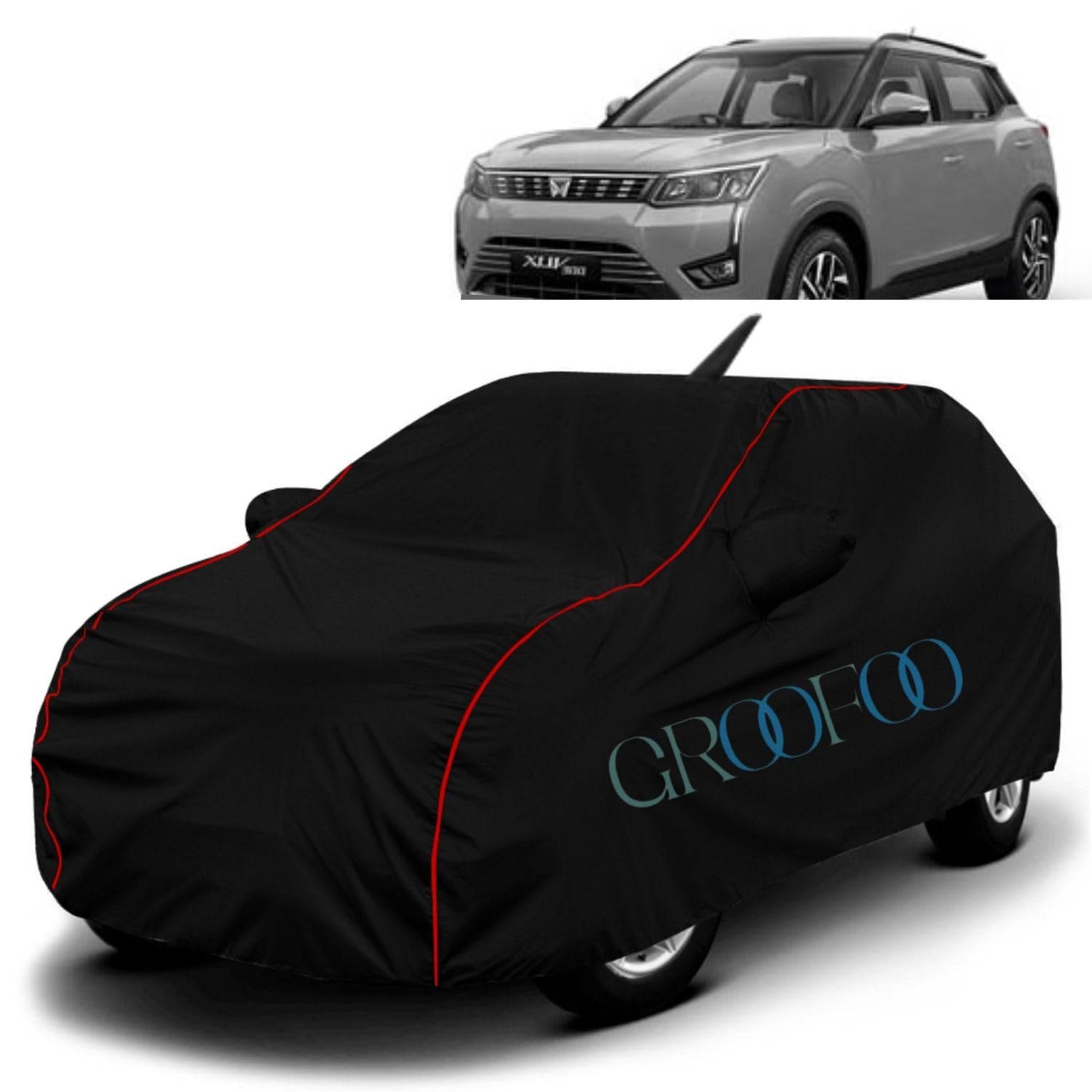 GROOFOO Water Resistant Car Body Cover Compatible with Mahindra XUV300 | Triple Stitched Bottom Elastic Dustproof UV Heat Scratch Resistant Full Body Vehicle Protection Cover (Black Red)-image-12