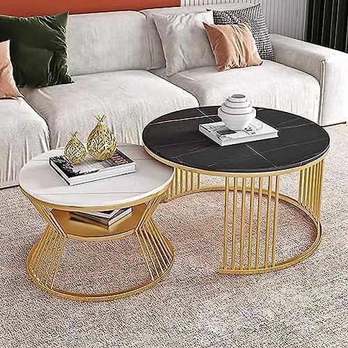 Image of Metal Round Coffee Table, Modern Minimalist Side Table Combination, (Black-White-Gold)