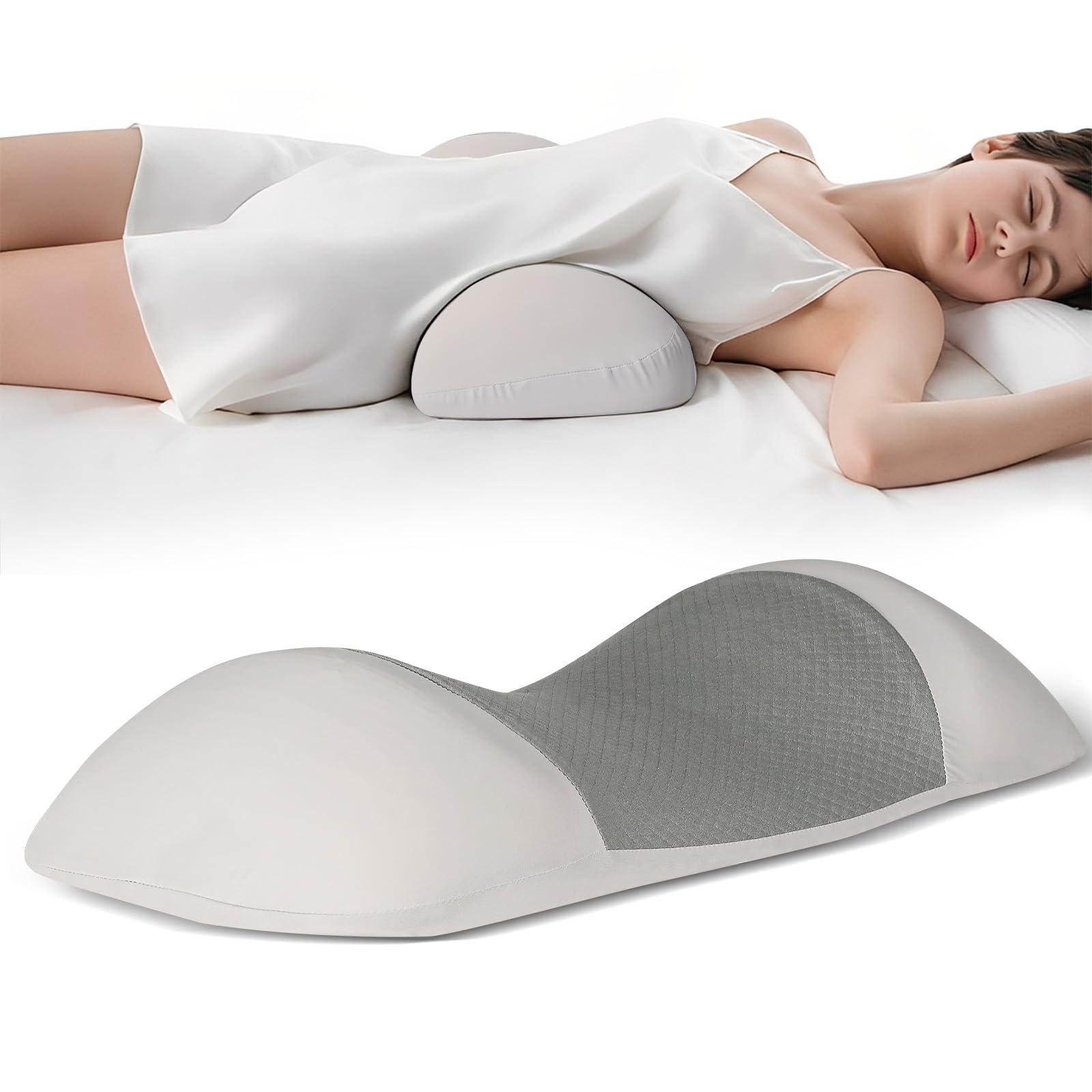 Cozary Almohada Lumbar, 55x25x8 cm Cojín Lumbar Ortopédico en Espuma Viscoelástica, Soporte Ergonómico Ajustable para Cama, Sofá, Silla Oficina y Coche, Alivia la Tensión Lumbar, Funda Lavable, Gris