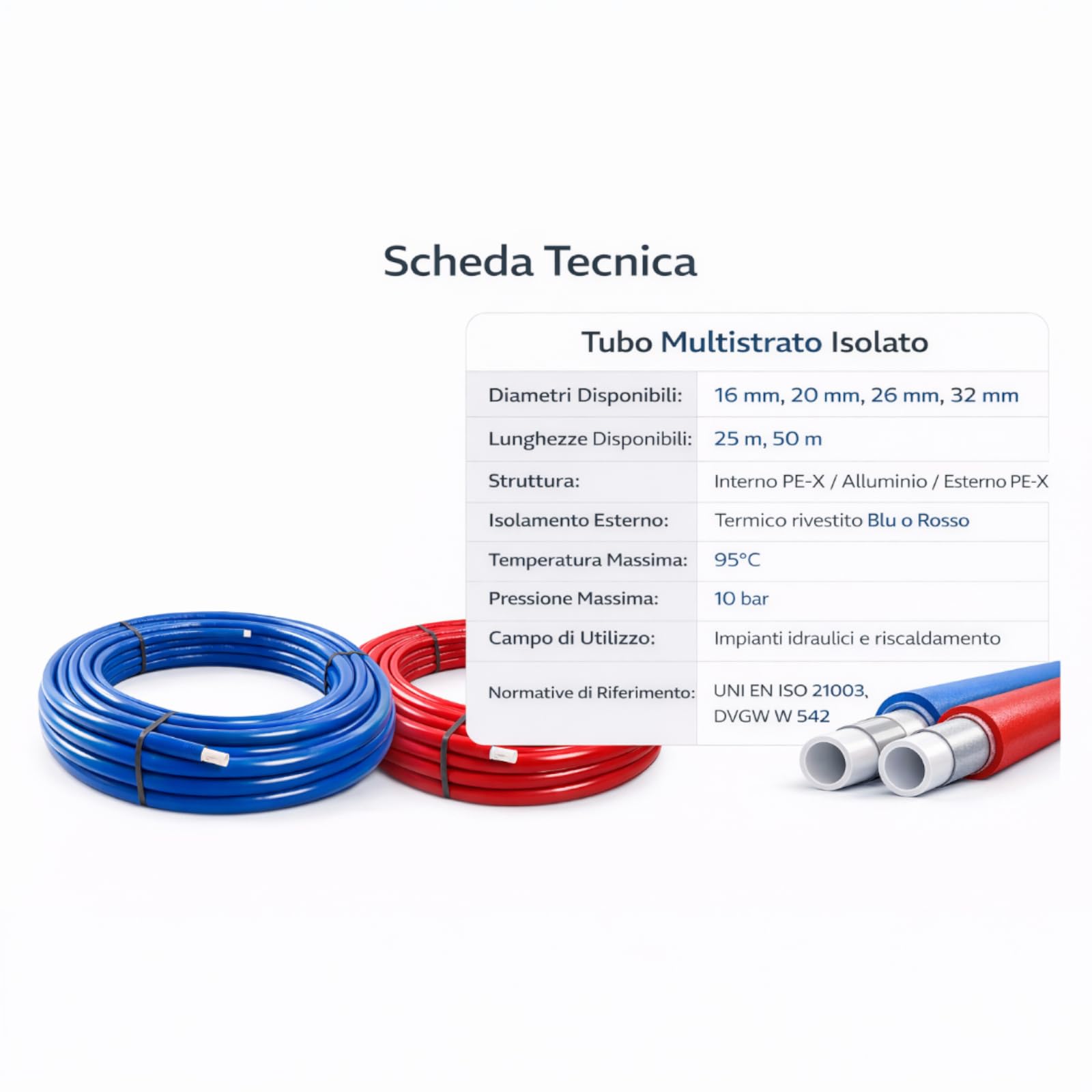 Tube Multicouche Isolé Bleu 16 mm 50 m PERT-AL-PERT pour Installation Eau Chaude et Froide Chauffage Isolation Thermique Haute Résistance Pression Température Usage Professionnel