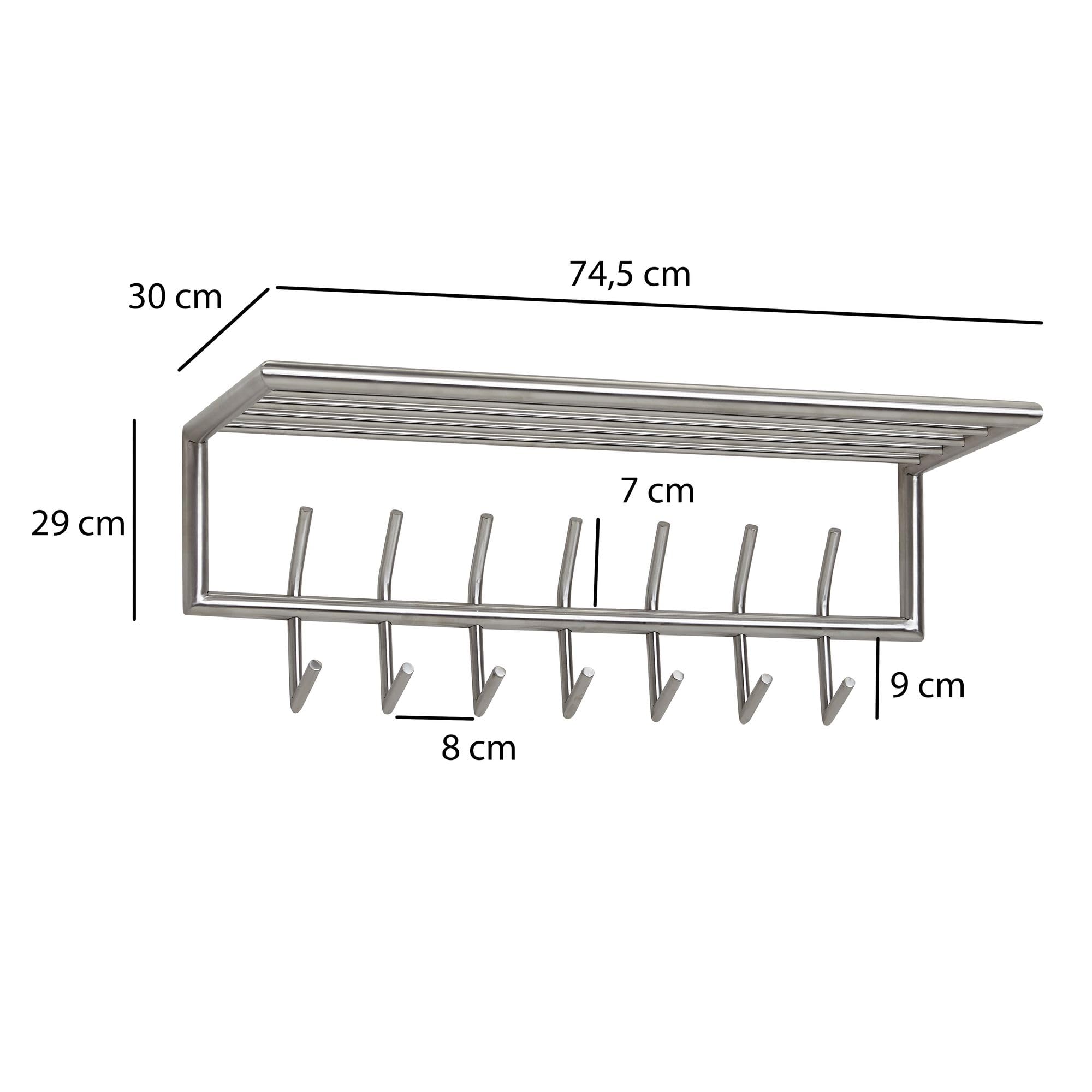 FineBuy Portemanteau Mural 70 cm Métal Argenté avec Étagère à Chapeaux | panneau vestiaire avec 5 massif crochets et penderie, barre vestiaire pour entrée et couloir, fait main