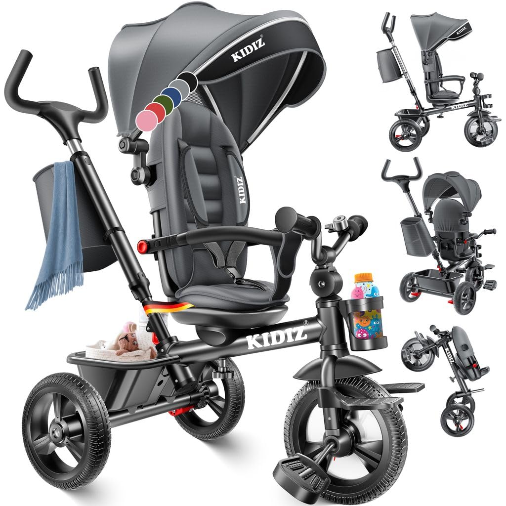 KIDIZ® Dreirad 6in1 Kinderdreirad mit Schubstange Lenkbar ab 9 Monaten bis 25Kg Jogger vorwärts & Rückwärtsfahrt, Korb Tasche Getränkehalter Sonnendach Gummiräder Buggy Fahrrad Baby Klappbar Grau