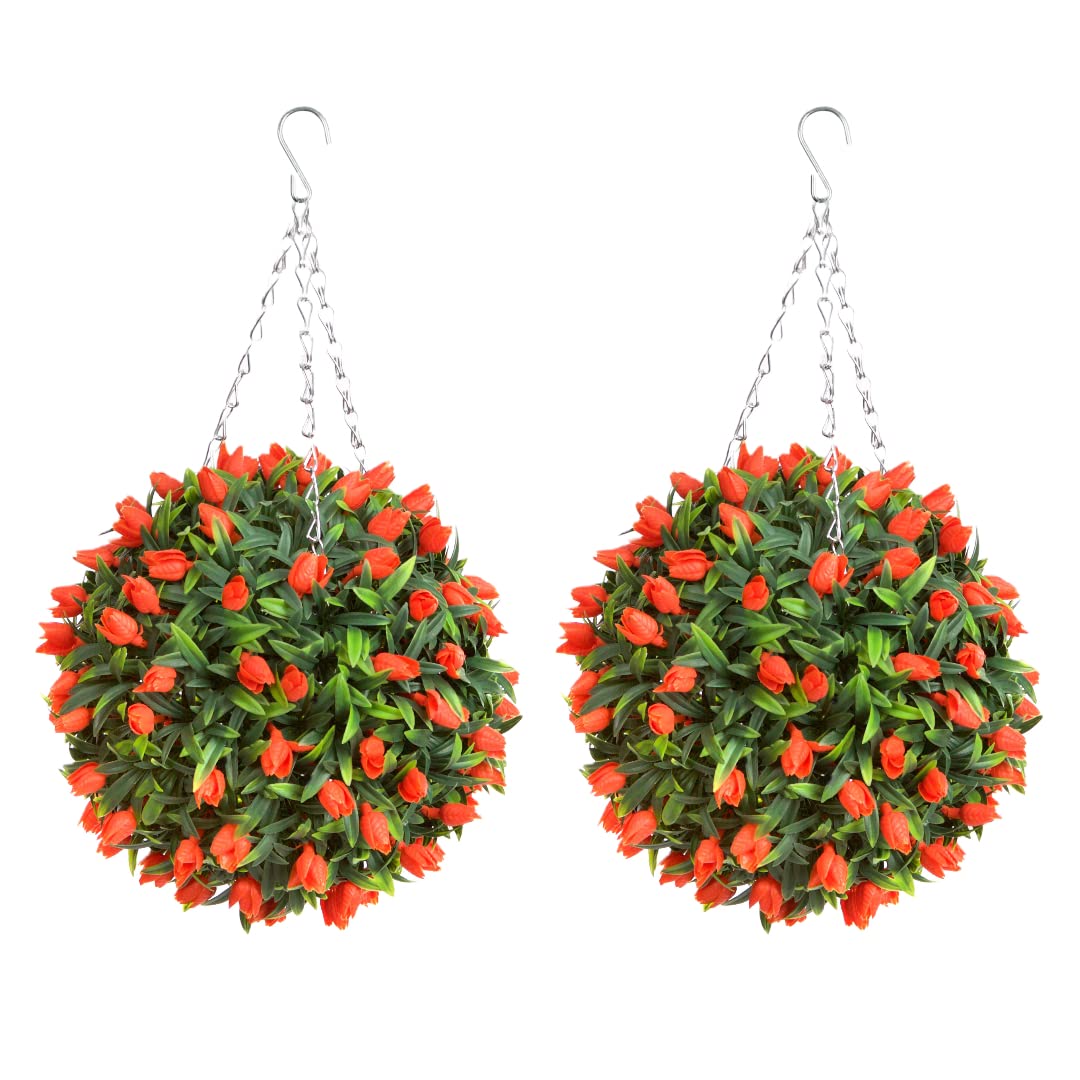 Pair Of Best Artificial 28Cm Orange Tulip Hanging Basket Flower Topiary BallSuitable For Outdoor UseWeather & Fade Resistant from B&Q