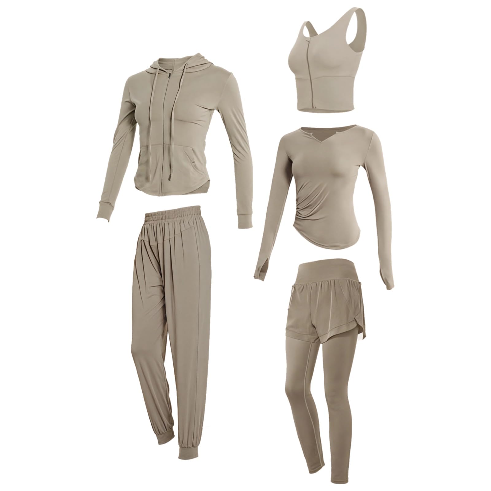 Set di abbigliamento sportivo da donna, 5 pezzi, abbigliamento da yoga con top a maniche lunghe, tessuto traspirante in poliestere spandex, adatto per donne da 1,5 m 0 cm a 1,5 m 28 cm, da 79,8 kg a
