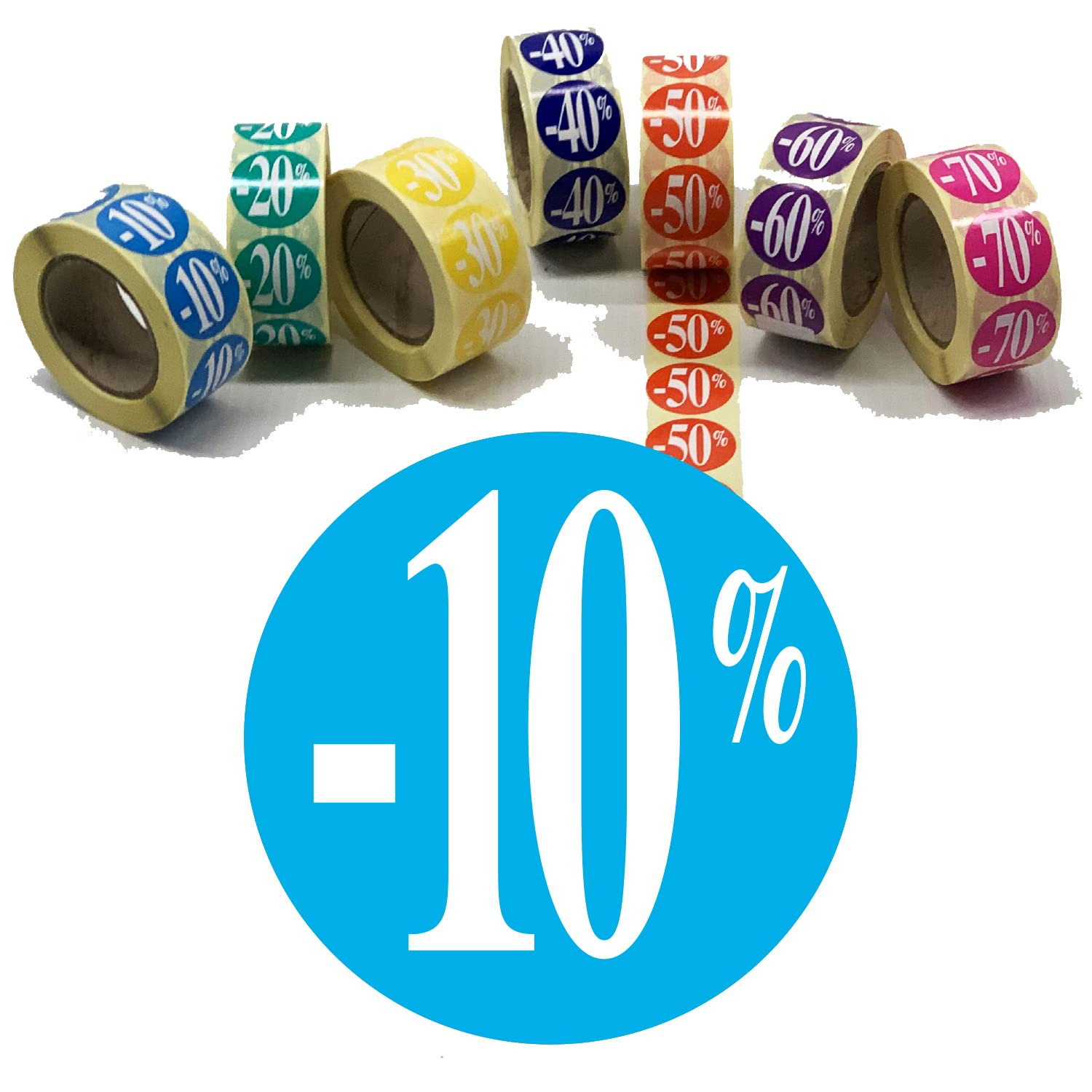Affichesstore 30240 – Rollo de 500 etiquetas autoadhesivas – Ø 25 mm – Adhesivos – Brillante – Pegatinas – 10% azul claro para descuento/promoción/saldos