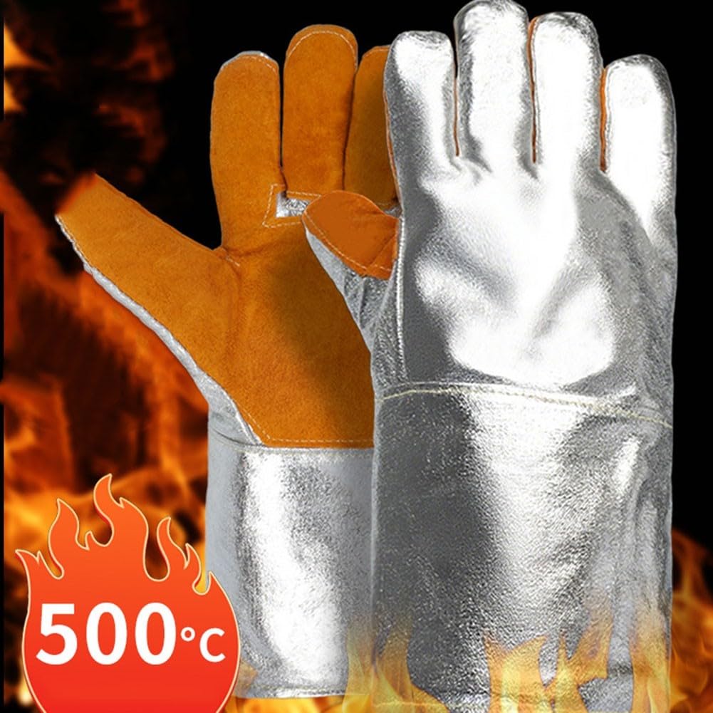 Guantes industriales para soldar hechos de papel de aluminio y cuero de vaca que proporcionan aislamiento térmico ignífugo y resistente a las quemaduras protección para barbacoa y para soldadura
