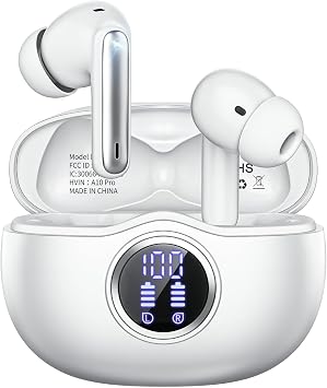 Wireless Earbuds, Bluetooth 5.3 Headphones HiFi Stereo 50H Playback LED Digital Display Ear Buds with ENC Noise Canceling Headset, IPX7 Waterproof Earphones for Gym/Running/WorkWhite