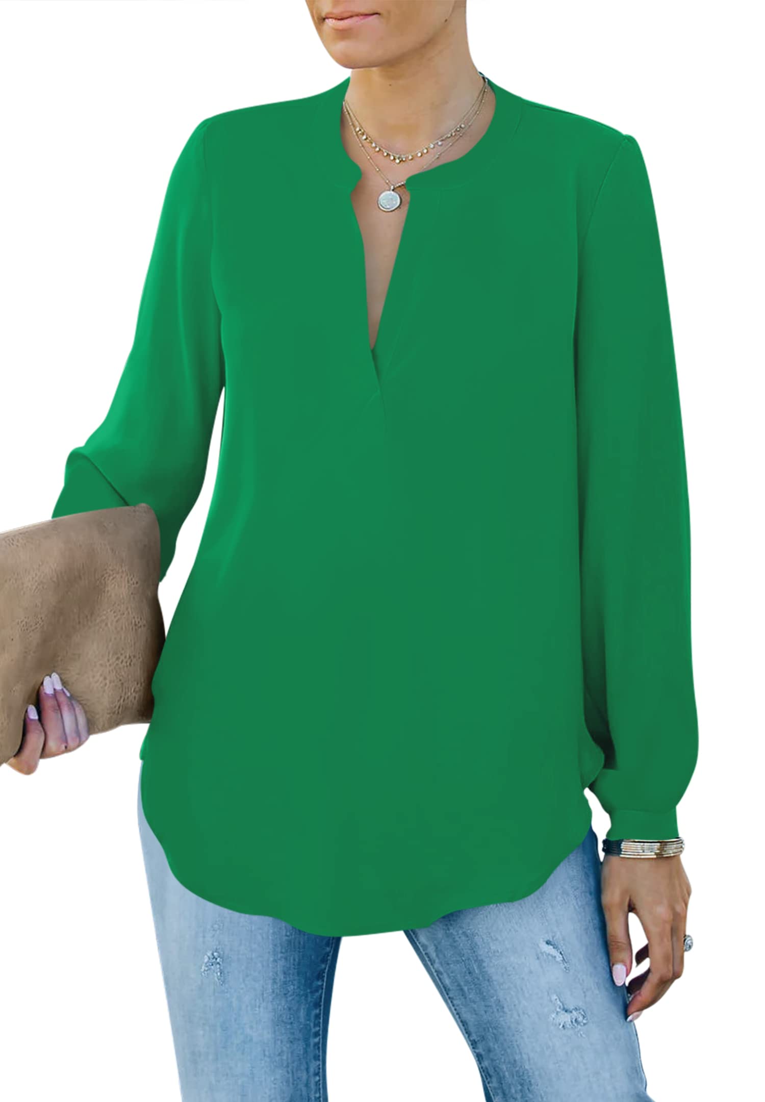 Chemisier élégant pour Femme - Col en V - Manches Longues - Décontracté - Tunique à Manches Longues - Couleur Unie