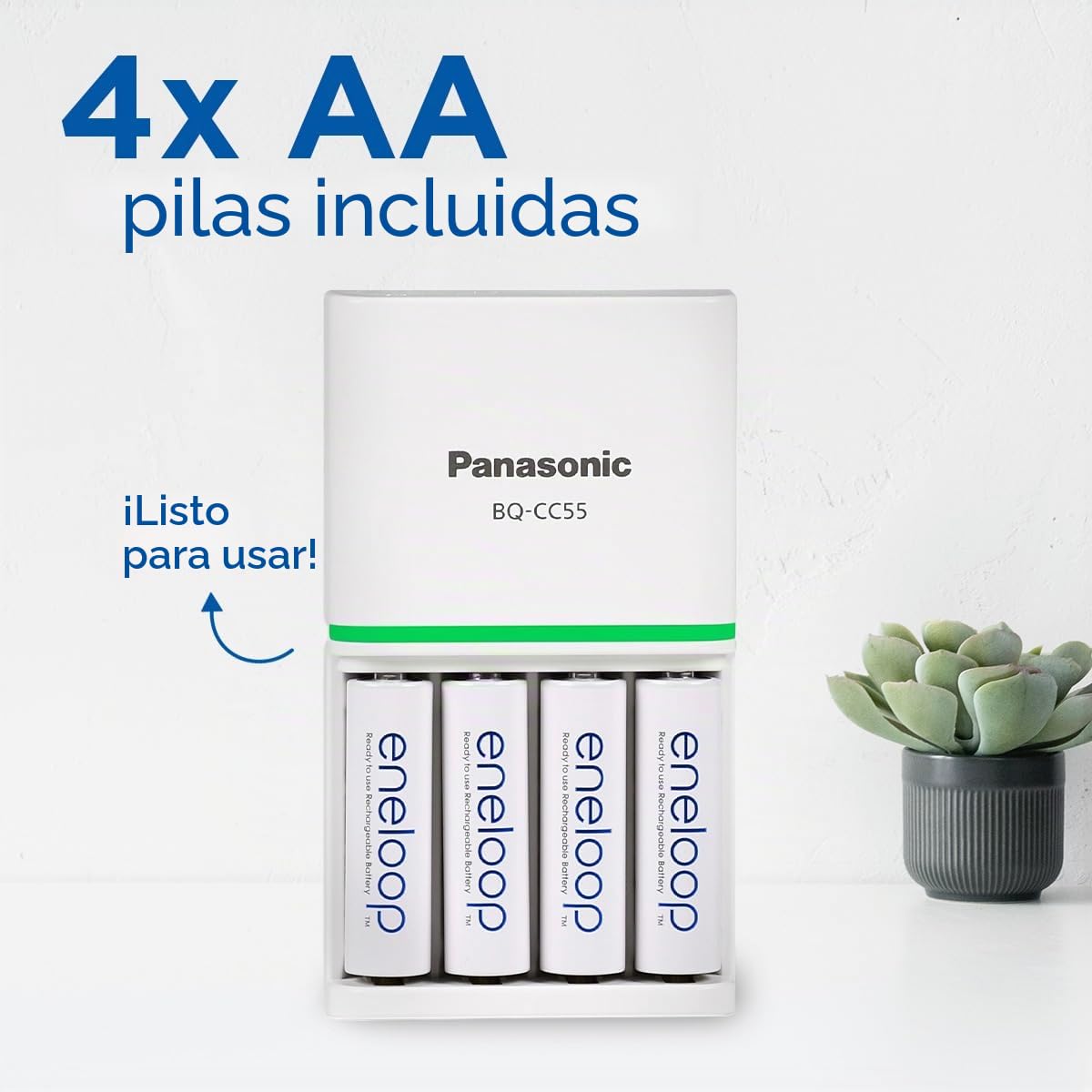 Panasonic eneloop Cargador SmartPlus para 1-4 baterías AA/AAA Ni-MH, 4 indicadores LED, 10 características de seguridad, 4 baterías eneloop AA/Mignon, capacidad min. 2000