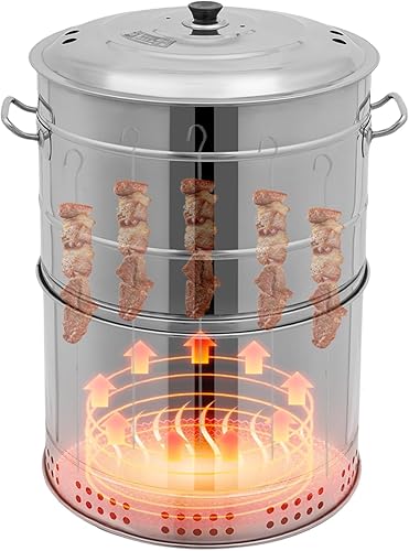Parrillas de carbón portátiles grandes, ahumador vertical 2 en 1, barril de barbacoa de acero inoxidable sin humo de 360 para barbacoa al aire