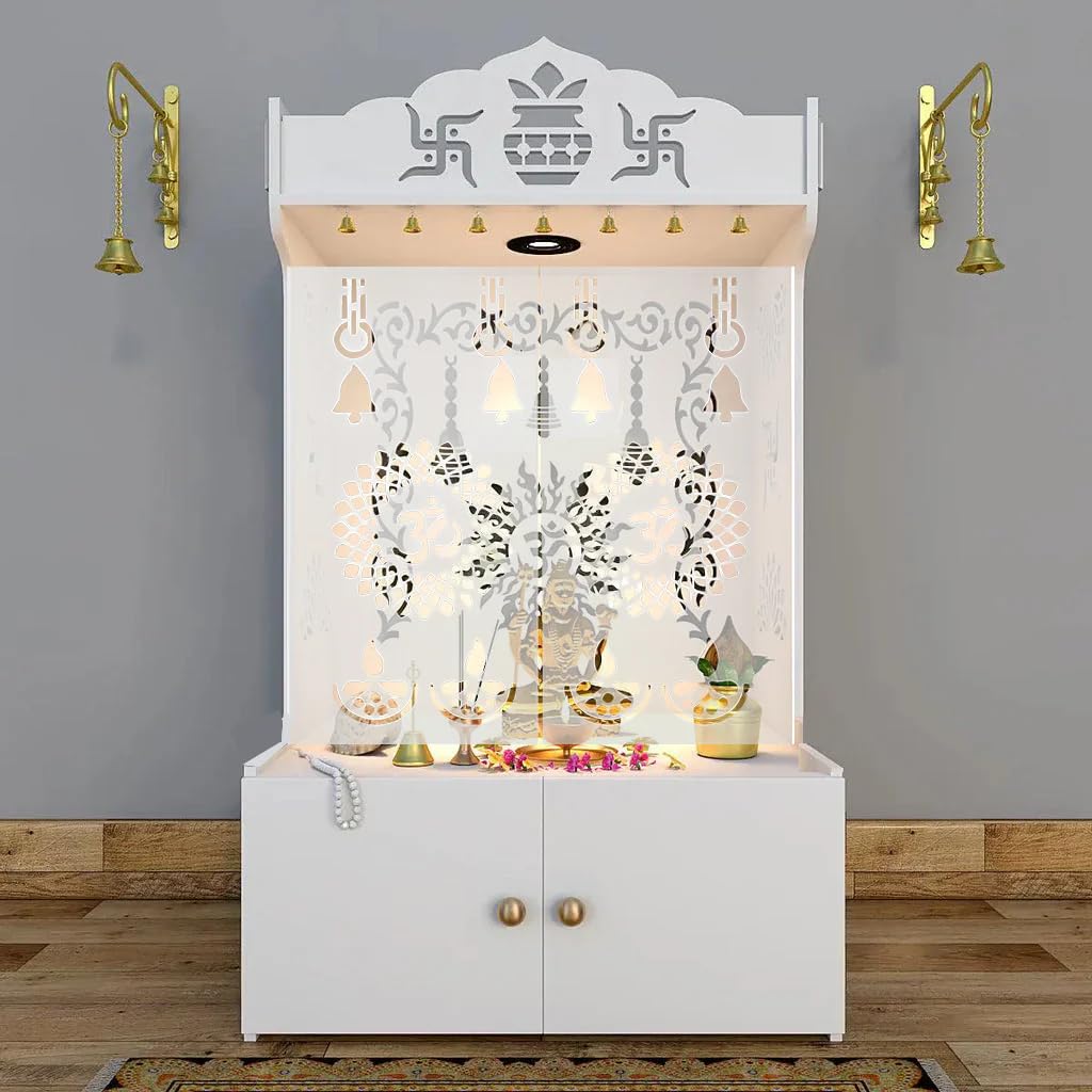 Tempio per la casa in legno con porta, mensola e luce LED integrata, in MDF, Pooja Mandir con cassetto per casa, ufficio, studio, fai da te da pavimento (45 x 57 x 96 cm) (design Om, bianco)
