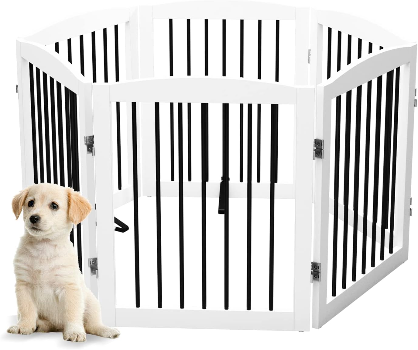 Freestanding Pet Gate for Dogs, Foldable Wooden Dog Gate for House, Extra Wide Indoor Pet Barrier for Stair, Doorway, Hall, Support Feet Included, 120 Inch Wide, 6 Panels 24, White