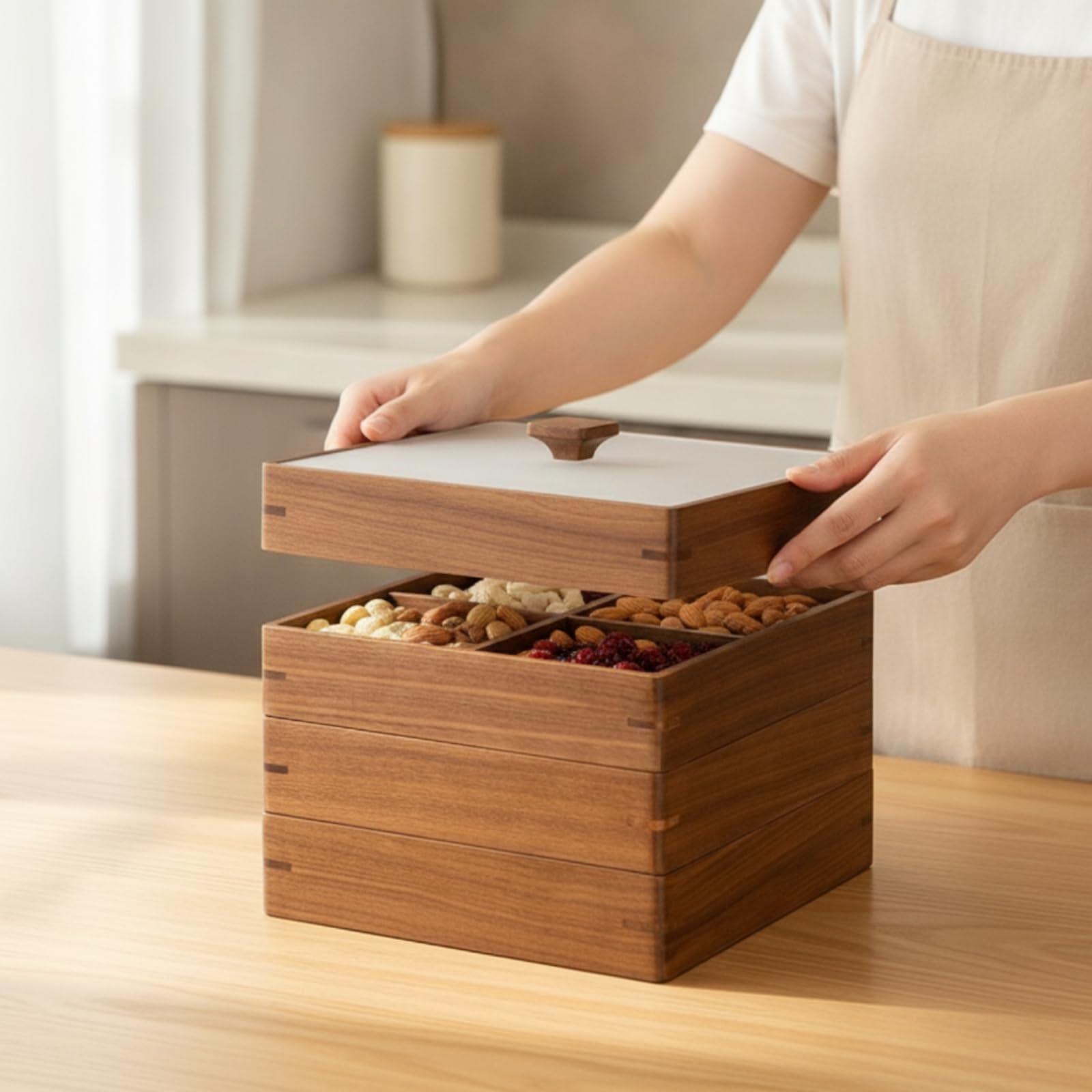 Scatola Portafrutta con Divisori Quadrato Scatola in Legno con Coperchio Riutilizzabile Contenitore per Ospiti Del Tè, Feste, Tavolo, Due Strati