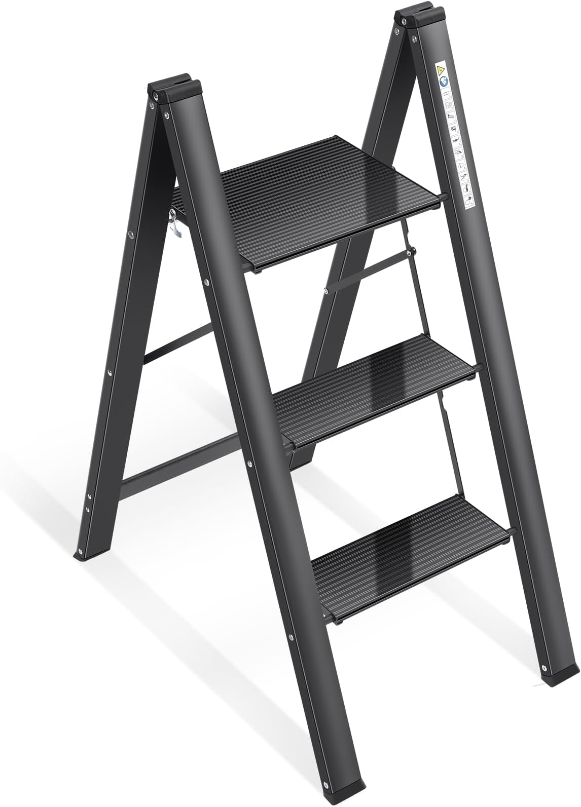 Aluminium 3 Step Ladder with Wide Steps, Lightweight Folding Ladder, Portable Slim Step Stool, Safety Household Ladder Stepladder with Multi-function, Black