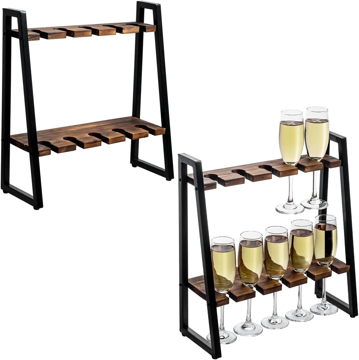 MyGift 2 Pcs Wood Champagne Flute Stand Party, Tabletop Stemware Display Rack Fits up to 9Inch Tall Glasses, Champagne Glass Holder, Industrial Matte Black Metal Frame