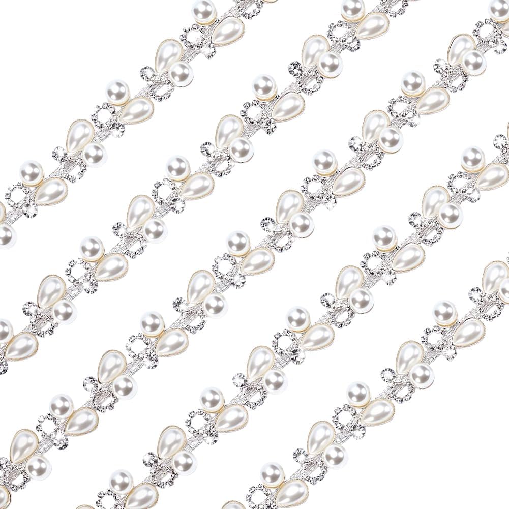 PH PandaHall 1 Yard Silver Rhinestone Trim Pearl Ribbon Chain 0.7" Wide Applique Beaded Trim with Sparkling Crystals for DIY Wedding Bridal Hair Costume Birthday Party Home Decoration