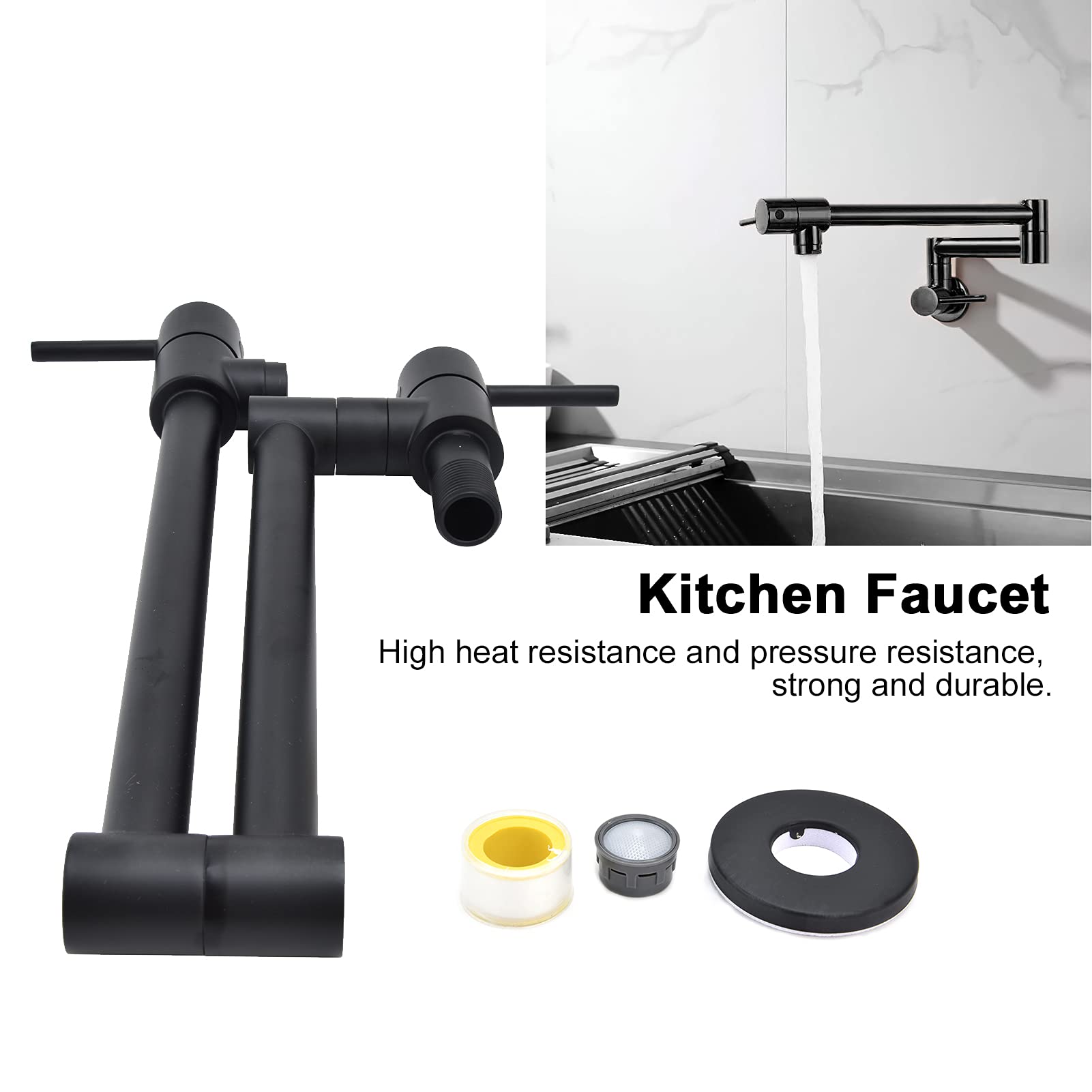 Rubinetto per riempimento pentole Nero, Rubinetto per fornelli da cucina con montaggio a parete, Rubinetto per lavello commerciale in ottone, Braccio pieghevole oscillante, Foro singolo estensibile a
