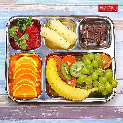 Image of HAZEL Stainless Steel 5 Compartment Mess Plate | Rectangle Bhojan Thali with Square Holes, Set of 1