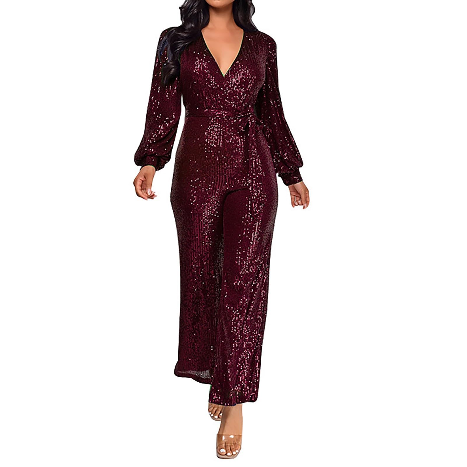 Combinaison à paillettes pour femme - Paillettes brillantes - Col en V - Manches longues - Barboteuse droite et large - Pantalon long, bordeaux, S