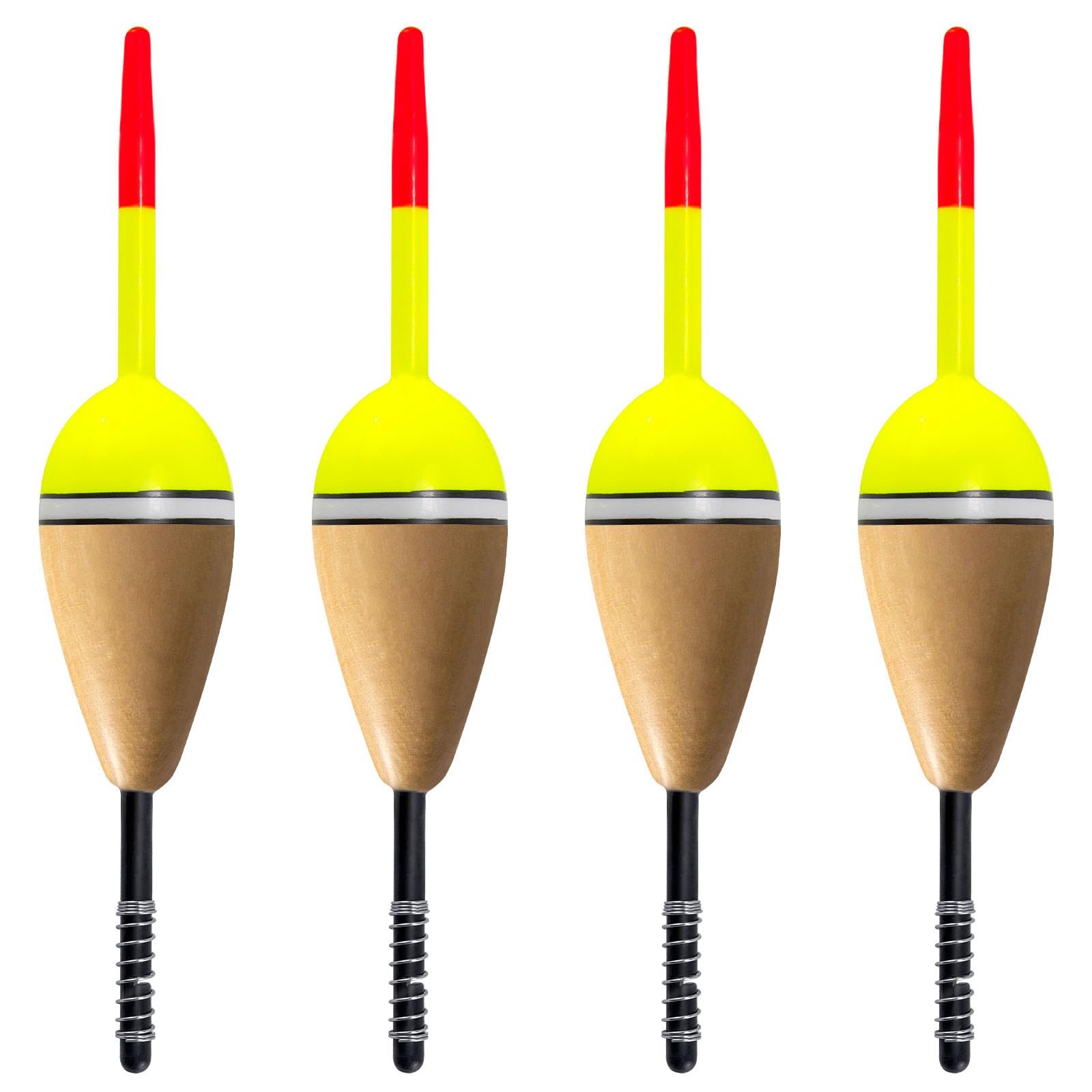 Alwonder 4-Pack Fishing Bobbers Floats, Buoyant Balsa Wood Body Spring Fishing Floats and Bobbers, Oval Bobber for Crappie Bluegill Trout Bass Panfish Catfish Walleye