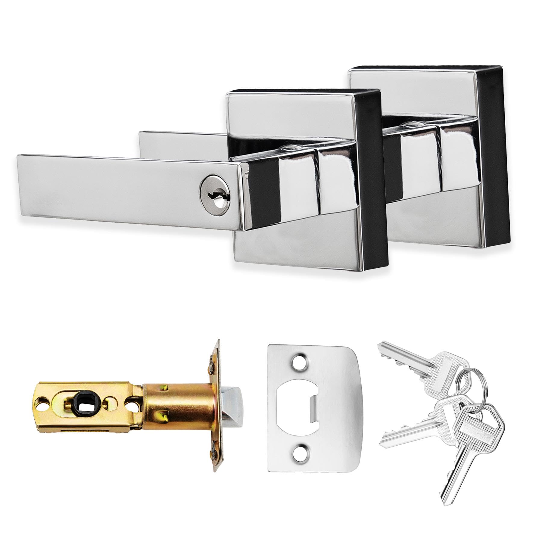 Xfort Polished Chrome Quad Entrance Knob Set Door Knob With Lock For Internal Wooden Doors, Complete Set With Tubular Latch And 3 Keys