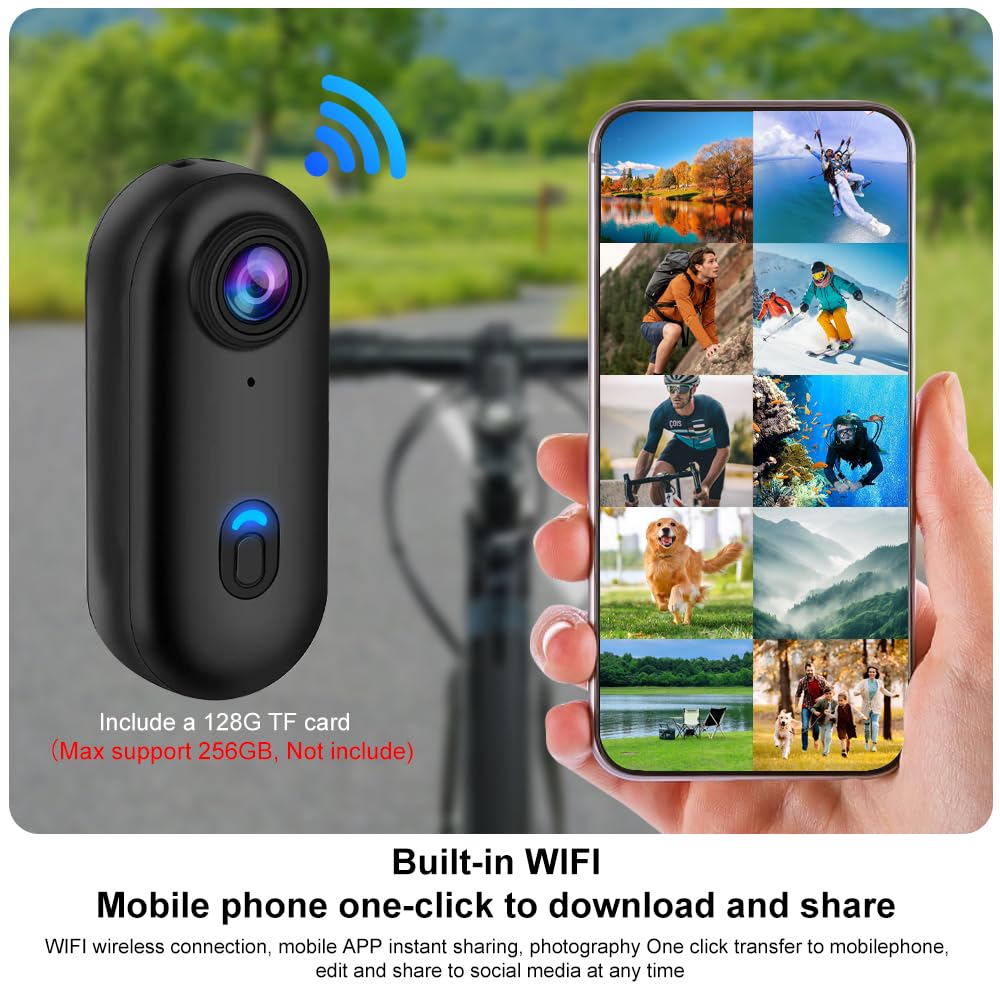OBEST Mini Cámara Deportiva con 128GB Camara Acción Impermeable App Bodycam | Cámara Casco Moto 360 WiFi Magnética 1080P Camera Corporal Buceo CAM Vlog POV para Deportes Actividades al Aire Libre Negro