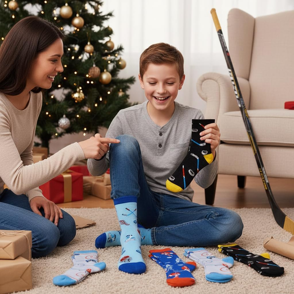 Belloxis Funny Athletic Socks 5 Pcs, Multi-Sport Design (Basketball, Baseball, Soccer, Hockey), Crew Socks for Boys Girl - Image 2