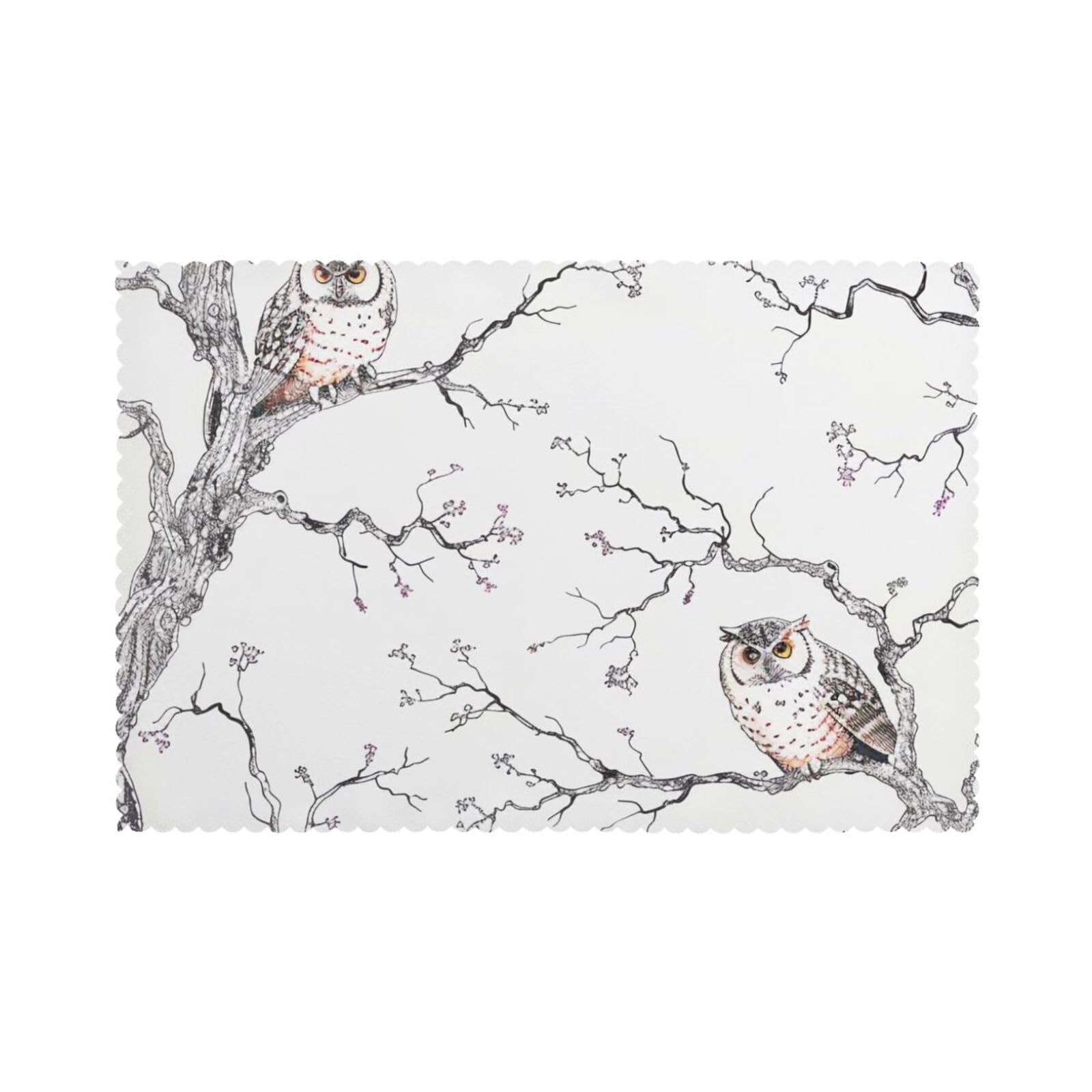 Owl Tree Branches Printed Placemat Heat Resistant Place Mats Set of 6 PCS Washable Kitchen Table Mats, 12x18 Inch