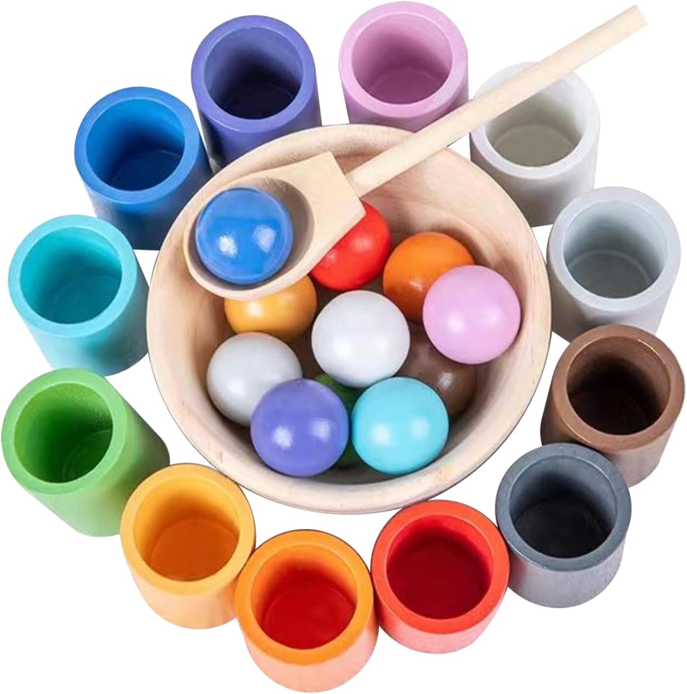 Rainbow Balls in Cups Toddler Montessori Toys for 3 Year Old Up, Kids Preschool Wooden Matching Games for Learning Color Sorting and Counting 12 Balls