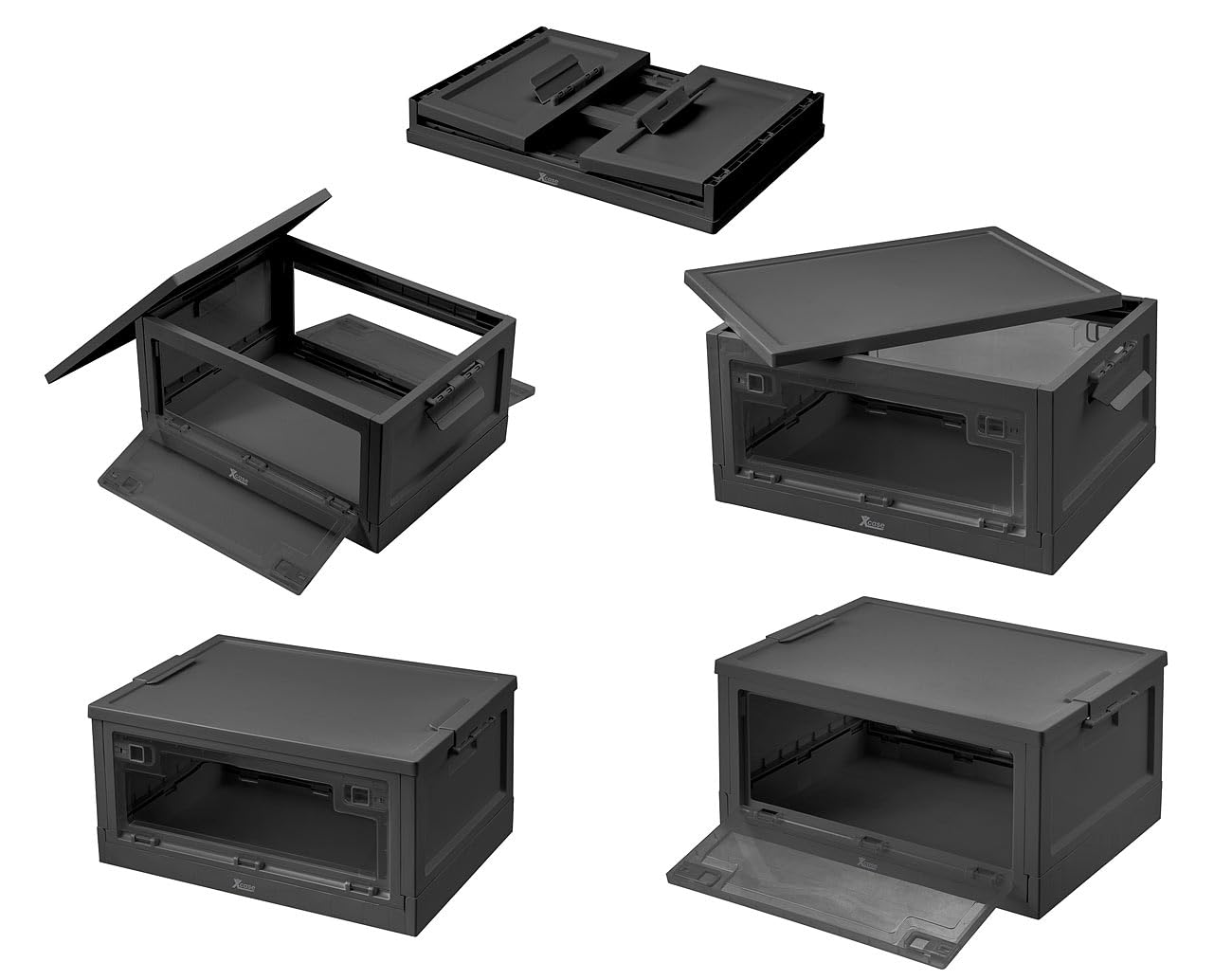 Xcase Stapelboxen mit Deckel: 4er-Set Faltbare Aufbewahrungsboxen mit Deckel, 4 Rollen, 45l, schwarz (Boxen mit Kunststoff, Kunststoffboxen mit)