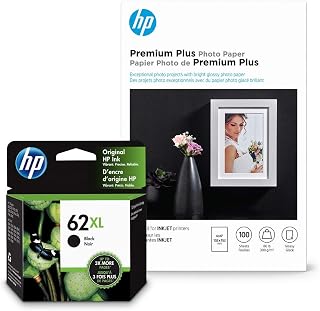 HP 62XL Black Ink Premium Plus Photo Paper, Glossy, 100 Sheets, 4x6