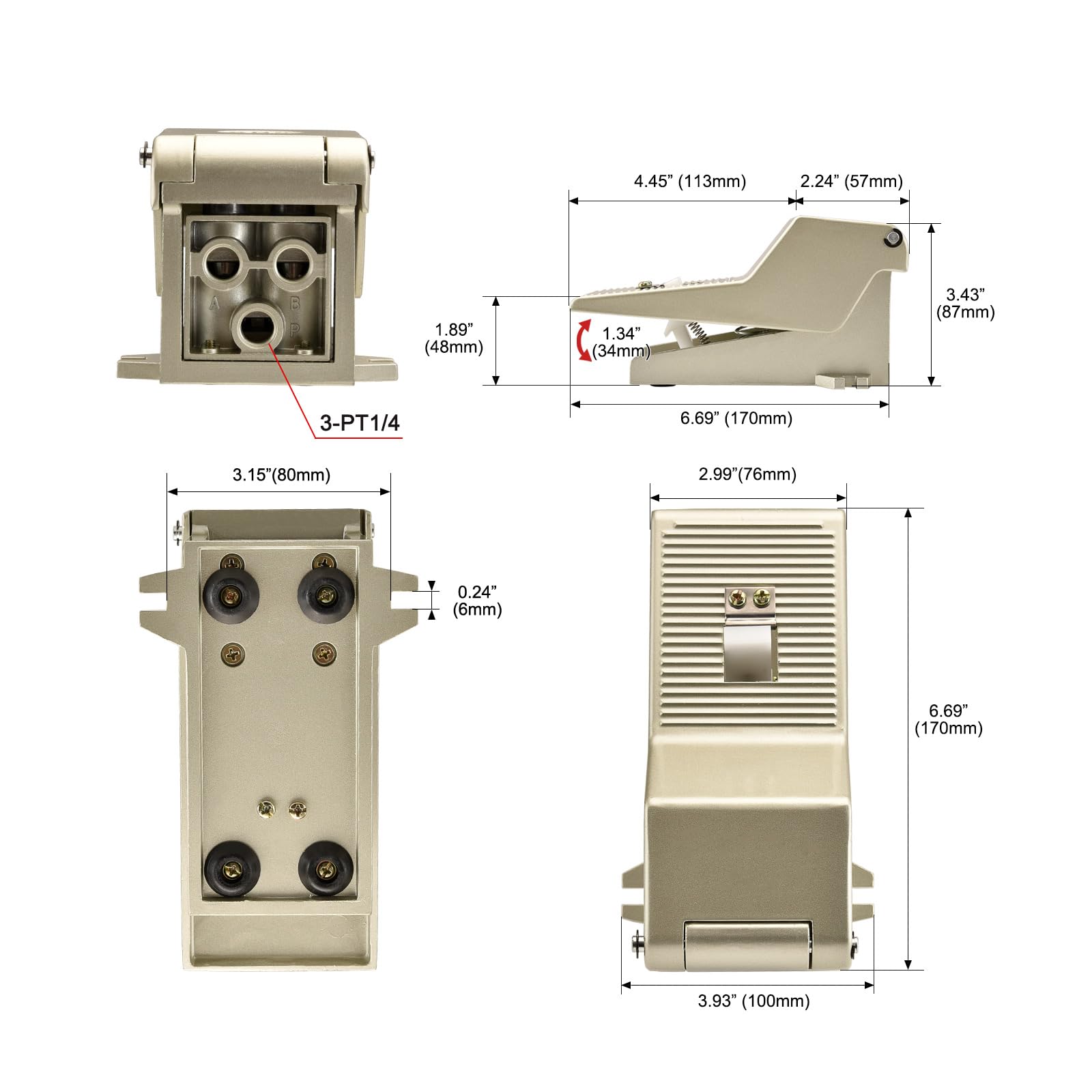 Heschen FOV-320A 6,35 mm NPT Verriegelung pneumatisch Fußbetätigung Pedalventil Schalter 5 Wege 2 Positionen