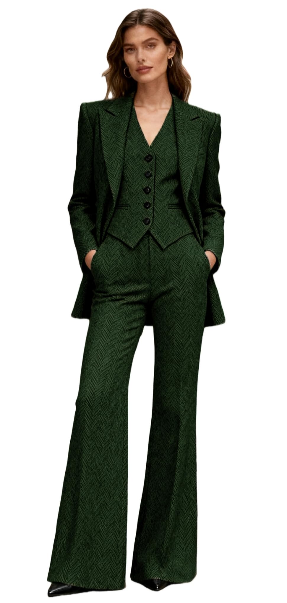 Womens Herringbone Tweed Pants Suits 3 Pcs Sets Tuxedo Blazer Vest Business Professional Outfits