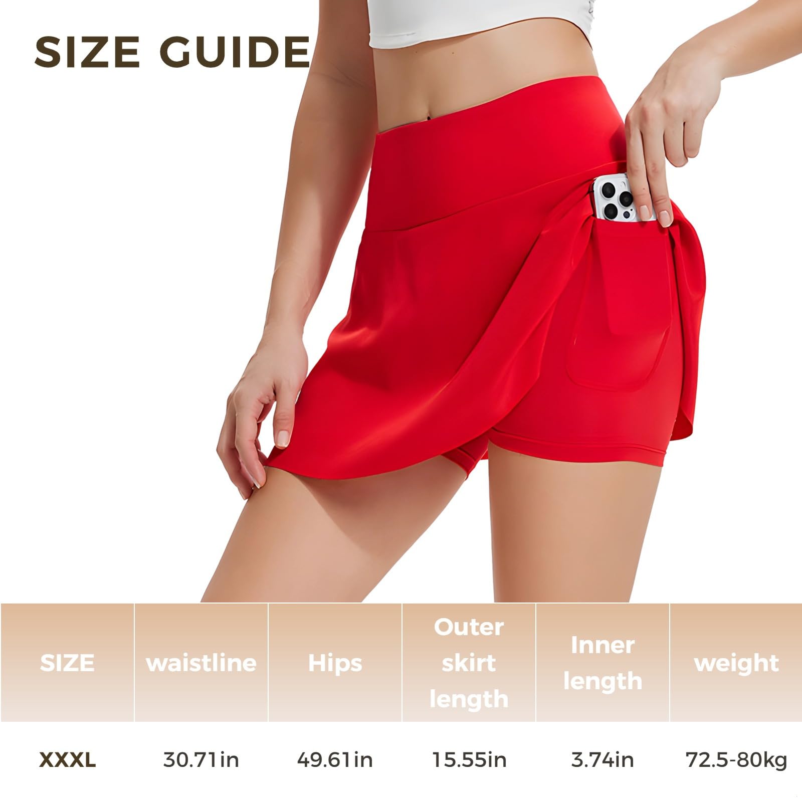 Jupes de tennis noires avec poches, jupe-short athlétique pour femme avec short intégré, polyester élasthanne extensible, taille XXXL pour 65,8 à 72,6 kg, Rouge, Taille unique