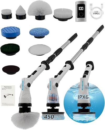 Limpiador eléctrico giratorio  Limpiador eléctrico inalámbrico con 8 cabezales de cepillo, mango largo ajustable, 3 velocidades para limpieza