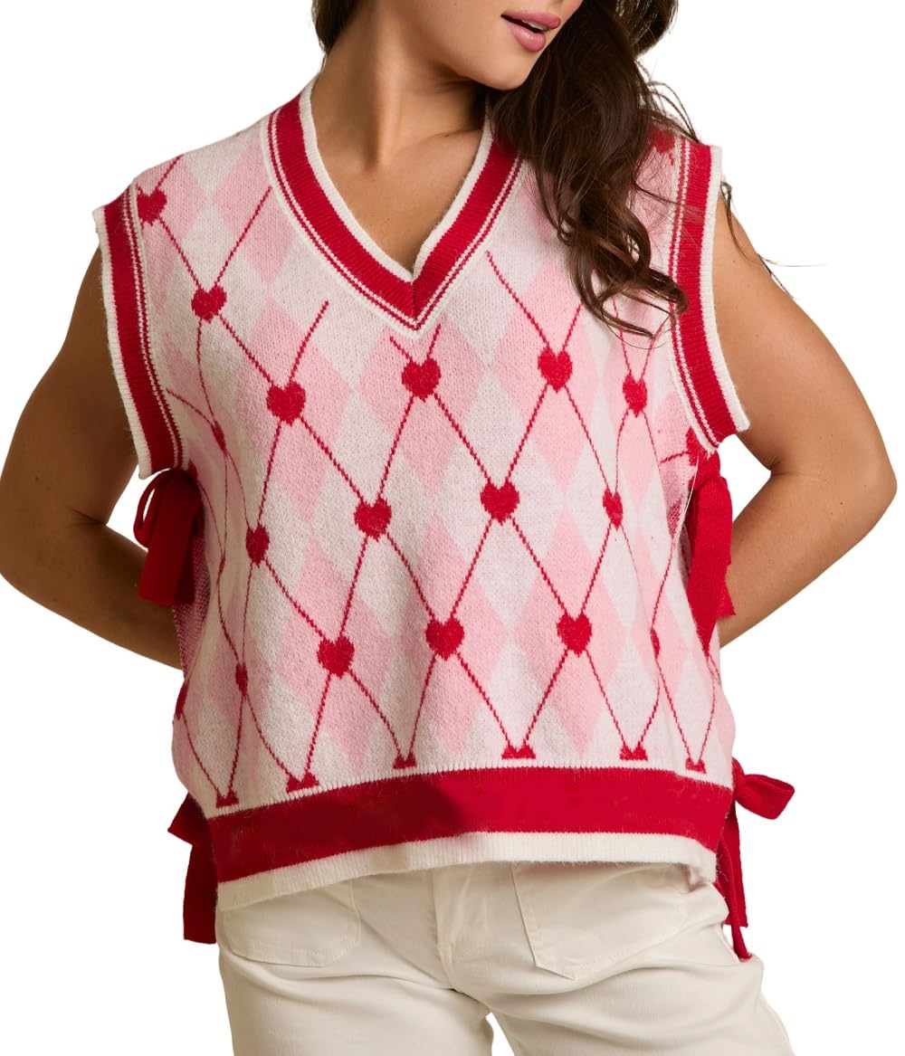 ROAONOCOMO Women Valentines Day Sweater Vest Heart Print Pullover Knit Vest Bow Tie Sleeveless Cropped Tank Vest Top