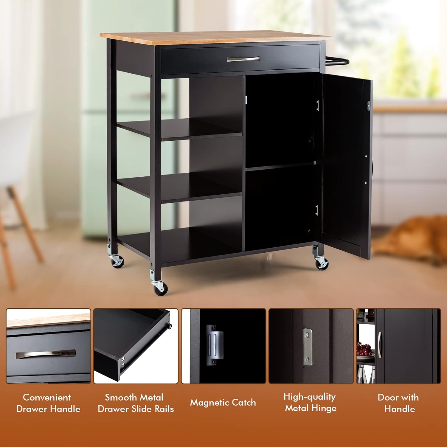 Giantex Kitchen Island - Mobile Kitchen Cart on Wheels, 1-Door Storage Cabinet, Large Drawer, 3 Tier Shelves, Rubber Wood Countertop, Towel Handle, Rolling Serving Cart for Dining Room Bar (Brown)