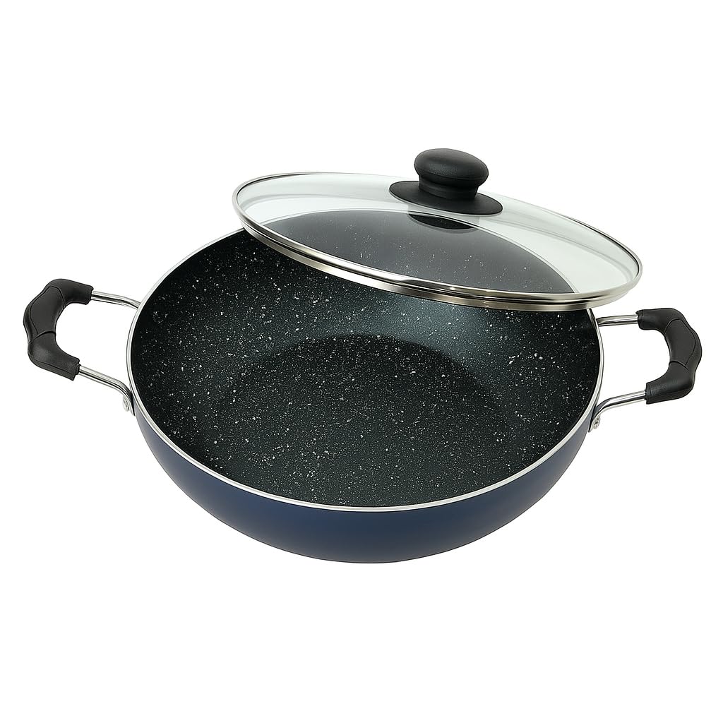 Yasirona Hard Anodized Deep Kadai Non-Stick Aluminium Kadhai Deep Fry Pan Nonstick 2.2 Litre Kadhai with Glass Lid 240 mm 9.5 Inches(Induction and Gas Compatible)
