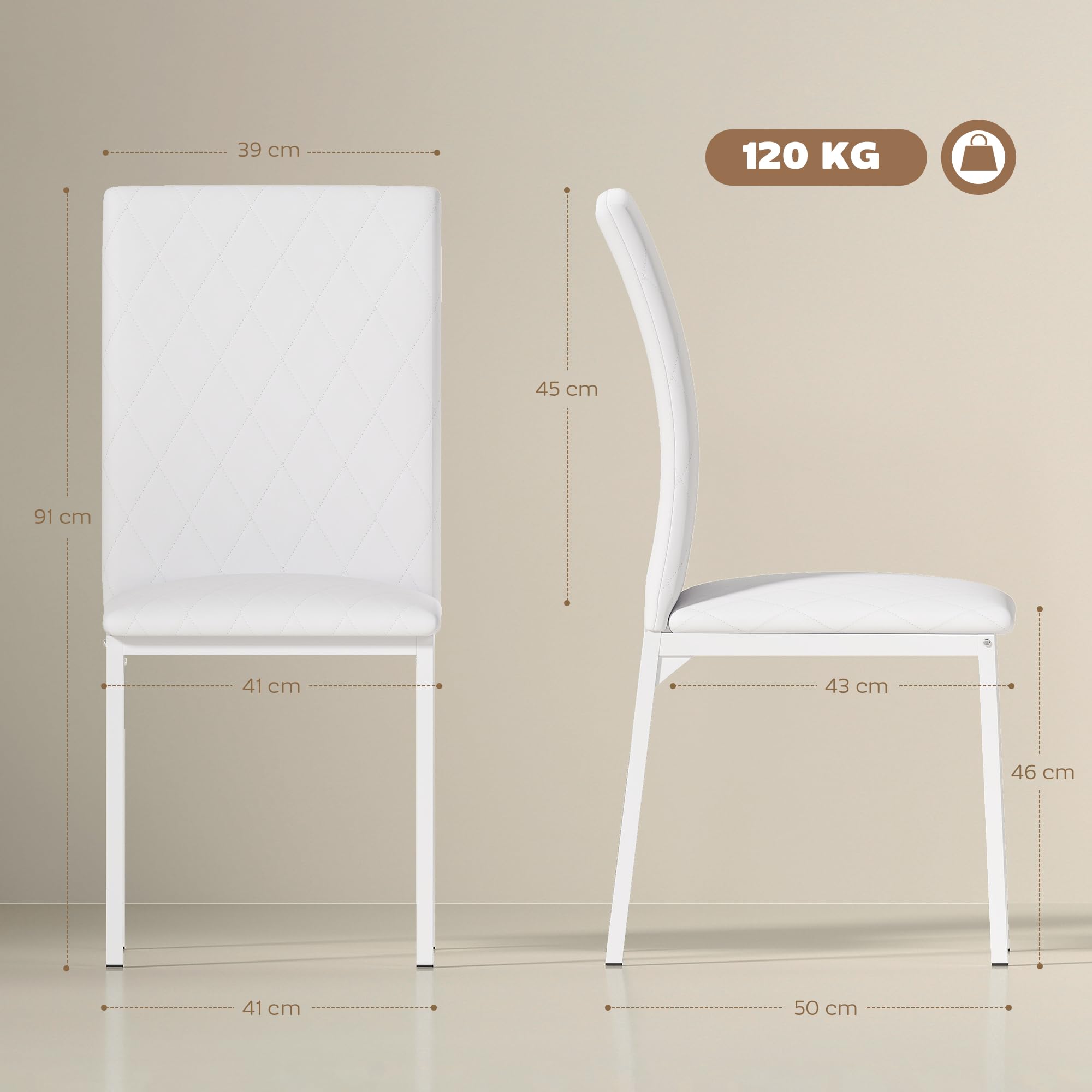 HOMCOM Lot de 4 Chaises de Salle à Manger Modernes, Rembourrées Blanc | Chaises de Cuisine, Capitonnage Rhombique, Pieds en Métal, pour Salon, Maison