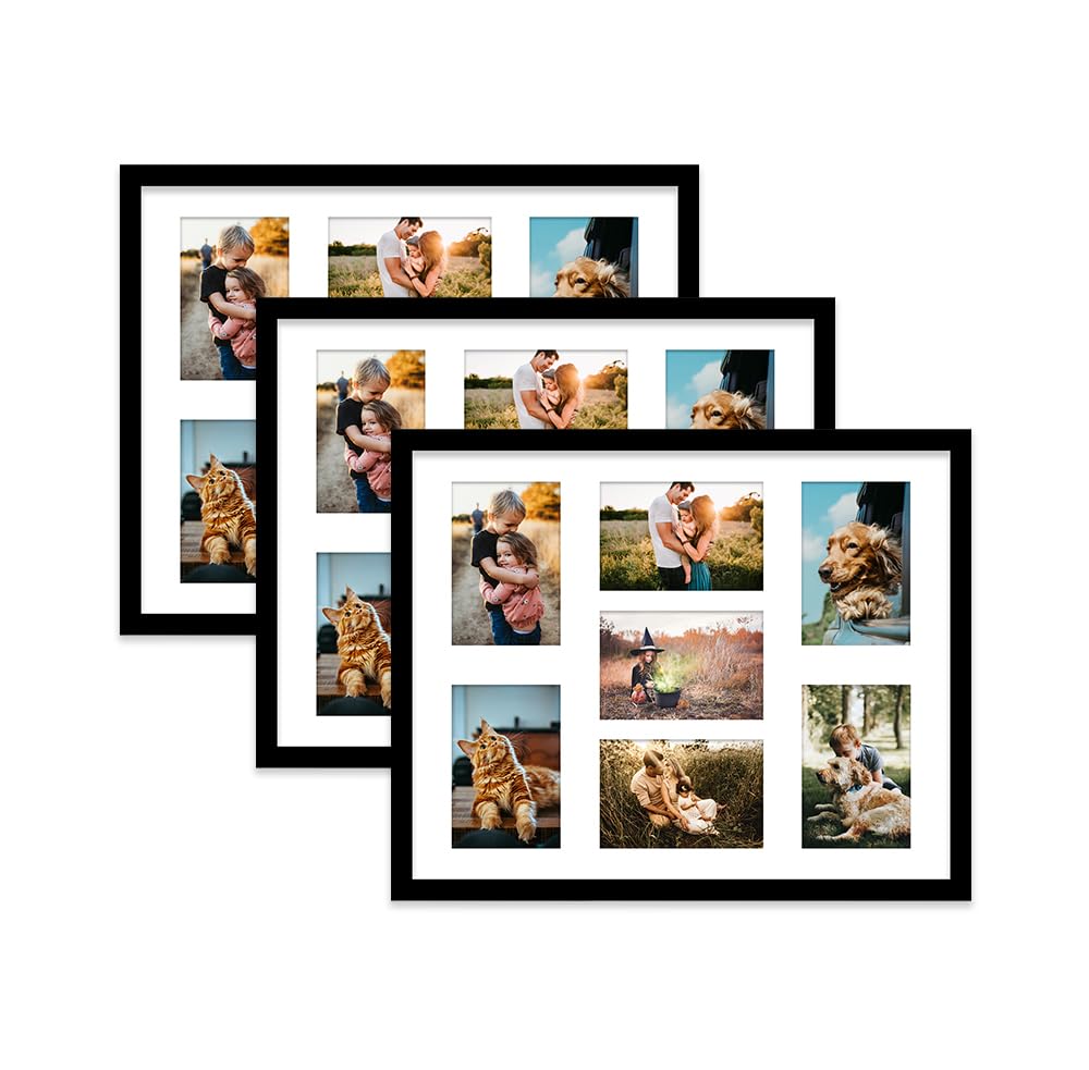 Black Multi Photo Frame - Holds 7 x 6x4 Pictures, Family Collage Picture Frame for Wall Display, 20x16 Frame size, Set of 3