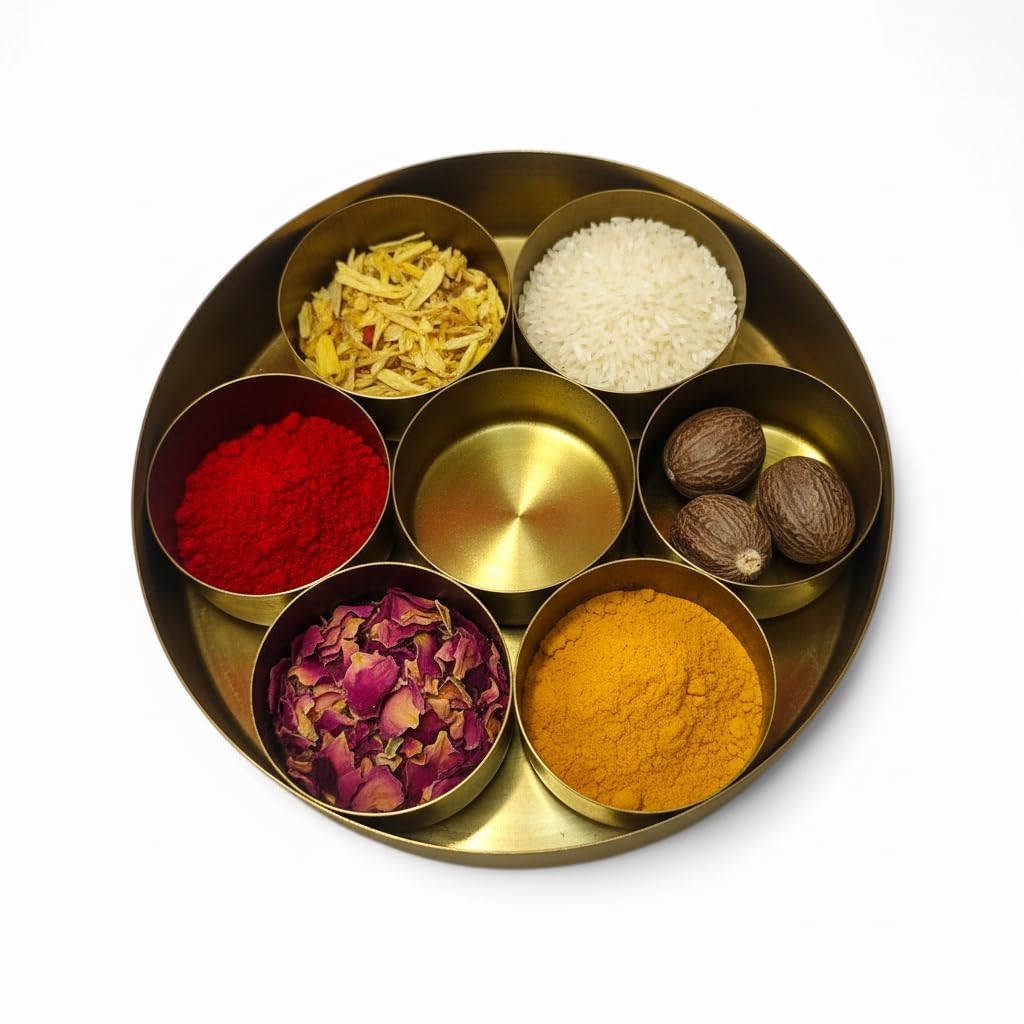 assortify Brass Pooja Box | 7 Dibbi Set for Roli, Chawal, Haldi, Kumkum, Sindoor, Chandan, Turmeric | Traditional Brass Pooja Dani with Lid Holder for Festivals, Vrat & Daily Puja modified this title 4