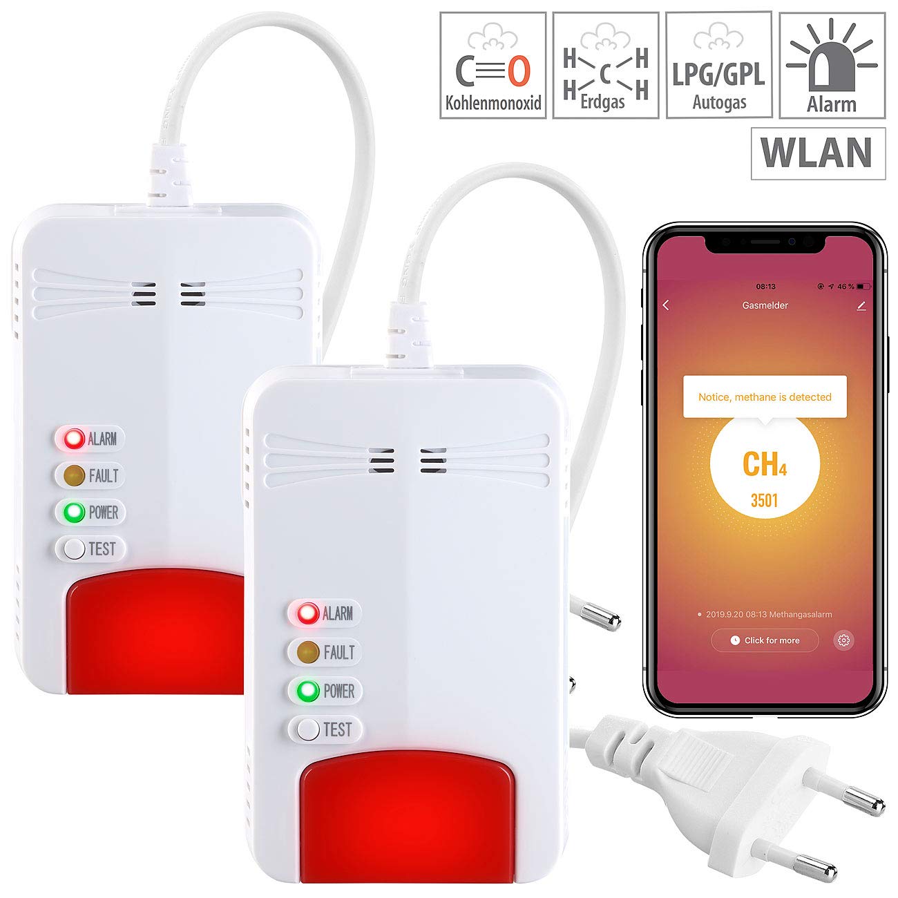 VisorTech Gasmelder mit Apps: 2er-Set Multi-Gasmelder für haushaltsübliche Gase, mit WLAN & App (Gas Alarmanlagen, Gasleckdetektor, Grill)