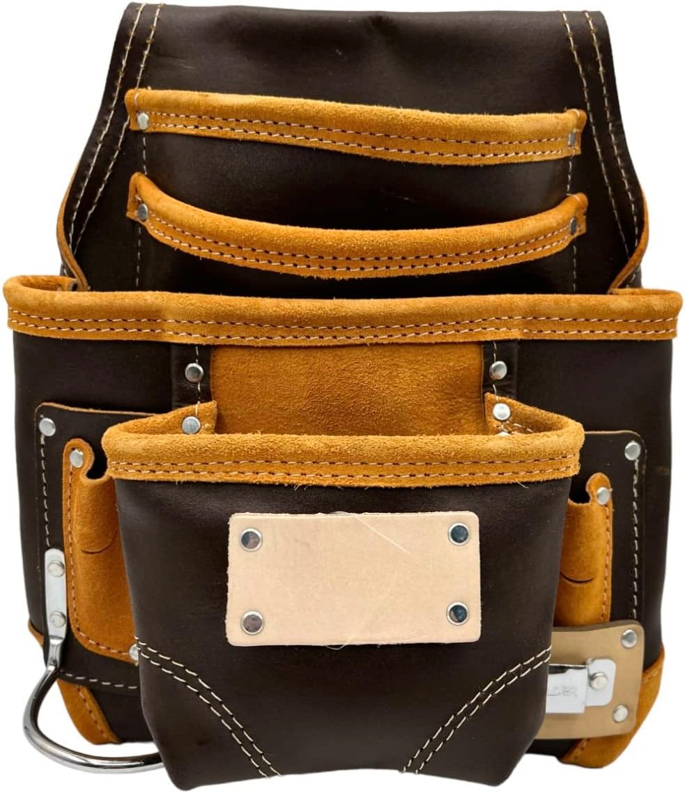 Leather Tool Pouch for Construction - Tool Pouches for Carpenters, Electricians, Drywall & Framing - Work Pouch - Screw & Nail Bags - 100% Grain Leather w/Hammer & Tape Measure Holder